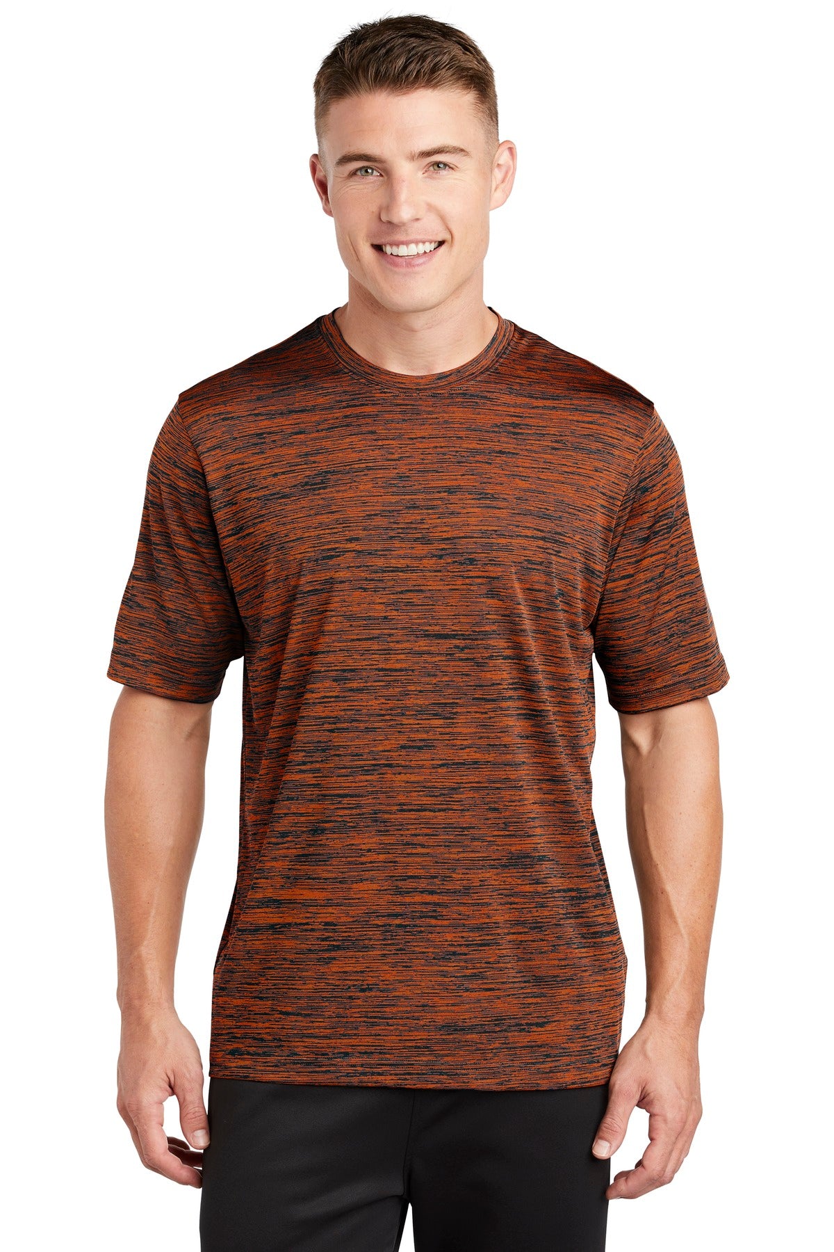 Front View of Deep Or-Blk El Sport-Tek PosiCharge Electric Heather Tee. ST390