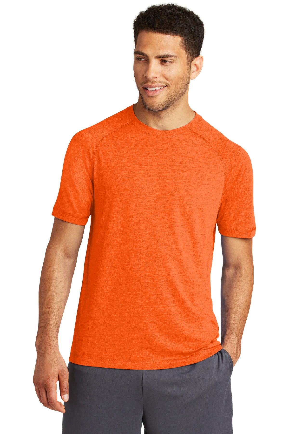 Front View of Deep Orange He Sport-Tek PosiCharge Tri-Blend Wicking Raglan Tee. ST400