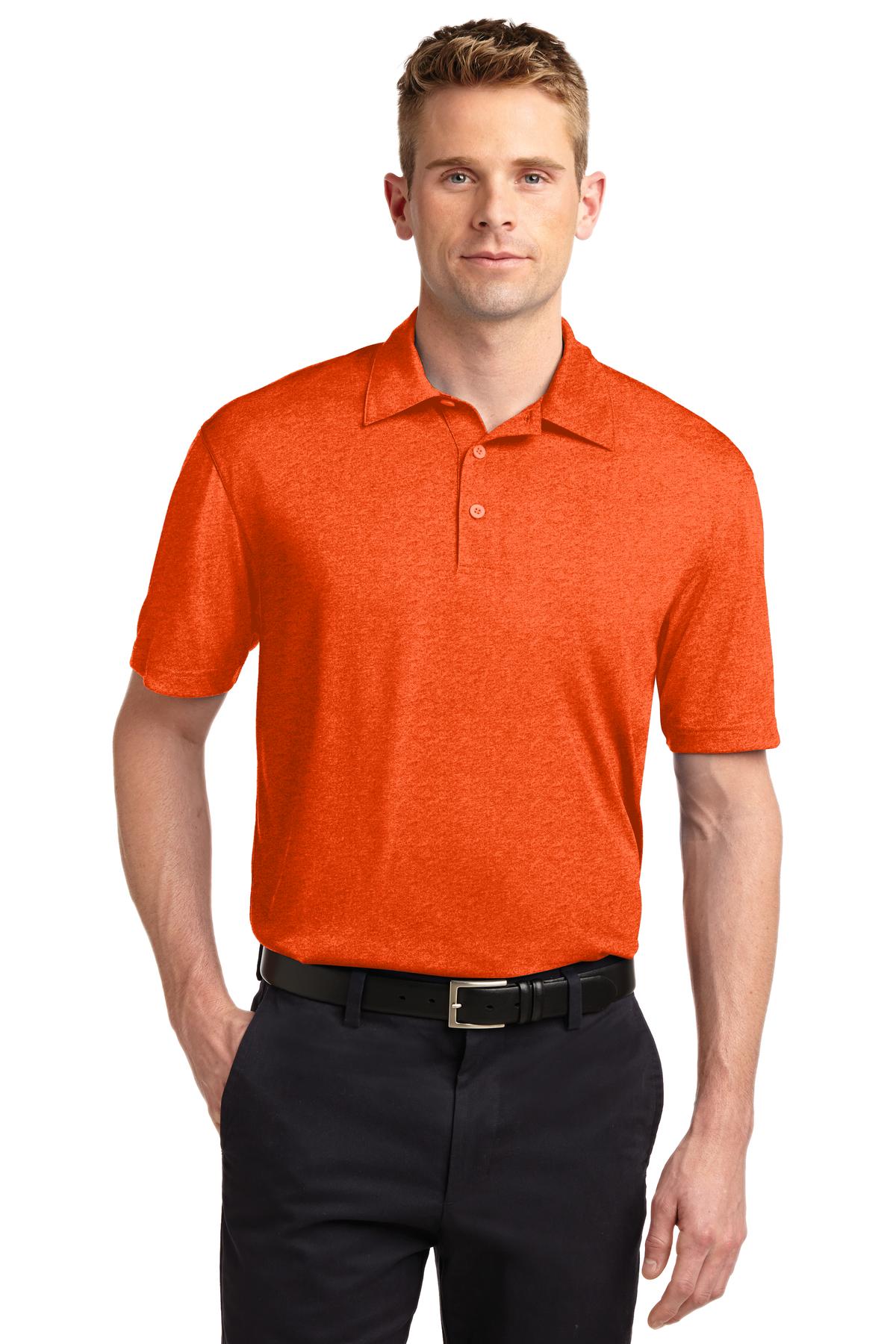 Front View of Deep Orange HR Sport-Tek Heather Contender Polo. ST660