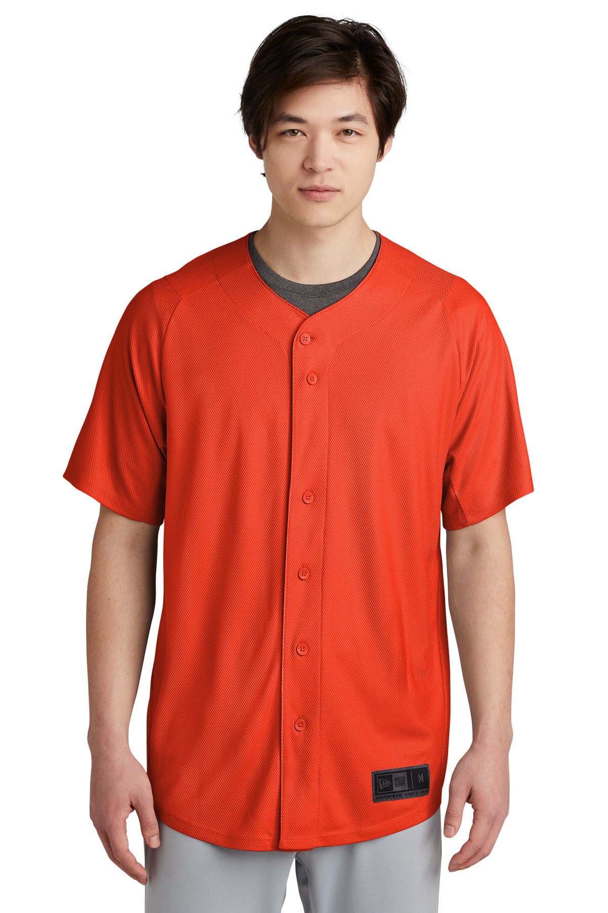 Front View of Deep Orange New Era Diamond Era Full-Button Jersey. NEA220