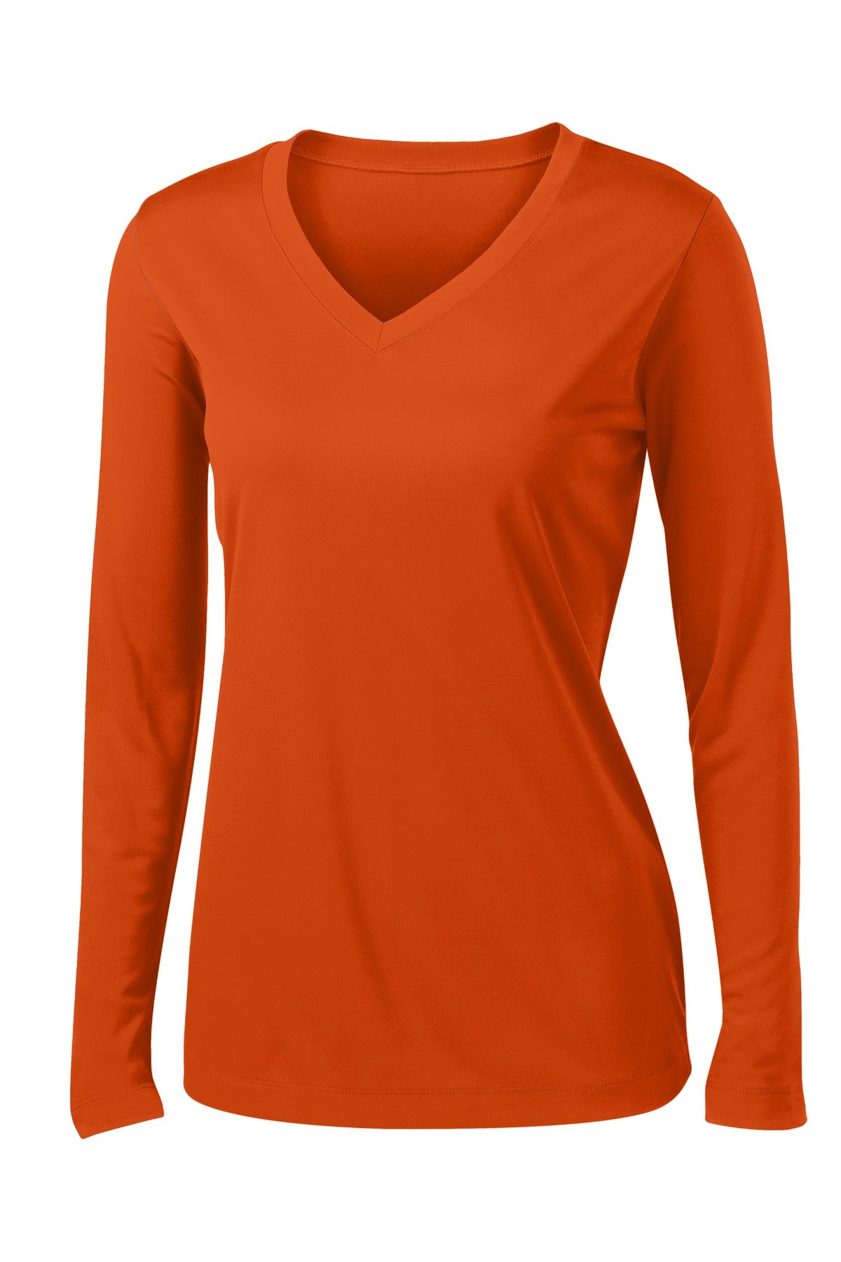 Front View of Deep Orange Sport-Tek Women's Long Sleeve PosiCharge Competitor V-Neck Tee. LST353LS