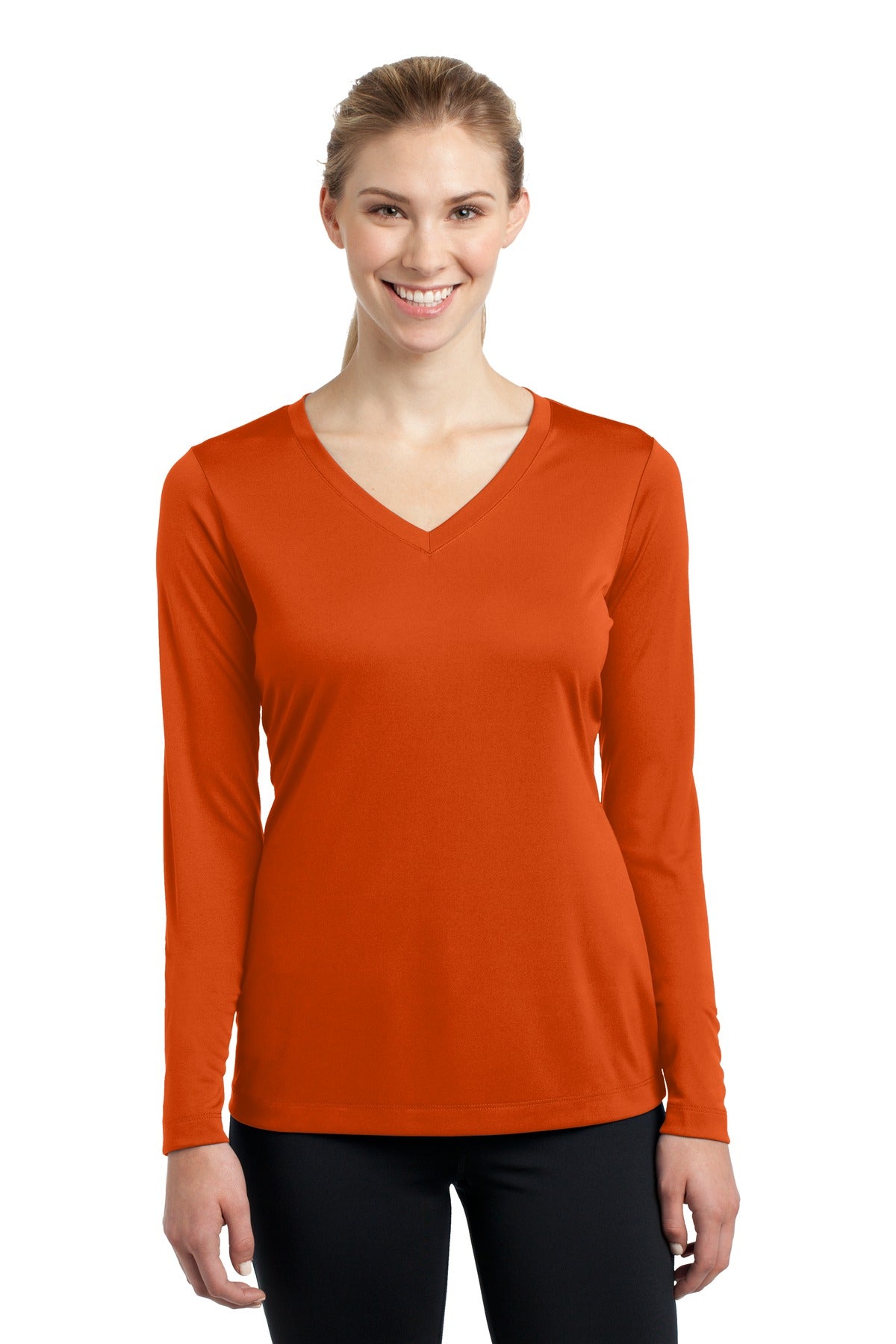 Front View of Deep Orange Sport-Tek Women's Long Sleeve PosiCharge Competitor V-Neck Tee. LST353LS