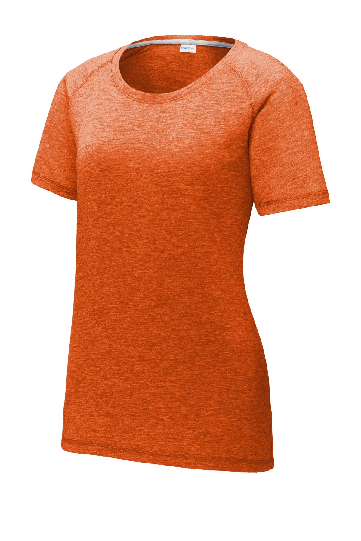 Front View of Deep Orng Hthr Sport-Tek Women's PosiCharge Tri-Blend Wicking Scoop Neck Raglan Tee. LST400