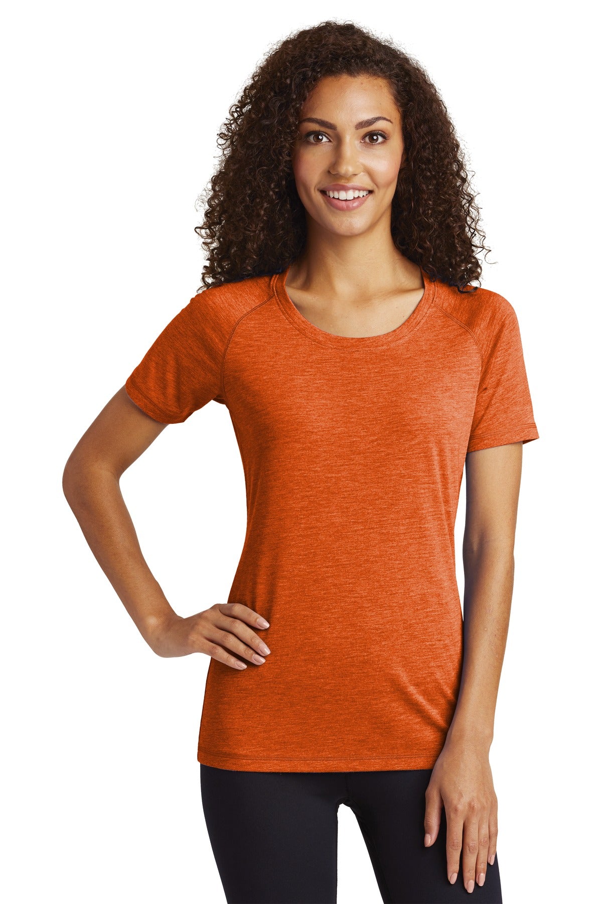 Front View of Deep Orng Hthr Sport-Tek Women's PosiCharge Tri-Blend Wicking Scoop Neck Raglan Tee. LST400