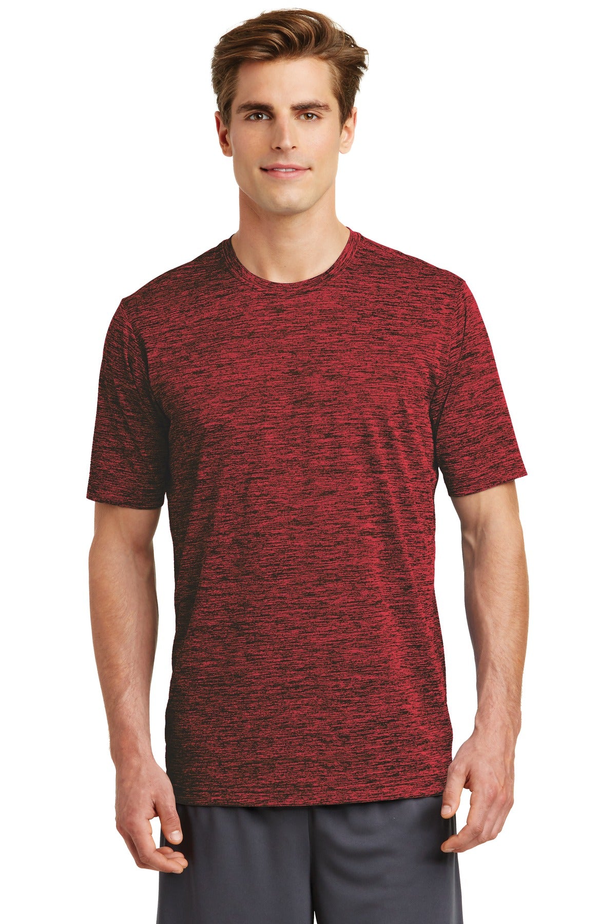 Front View of Deep Red-Blk E Sport-Tek PosiCharge Electric Heather Tee. ST390