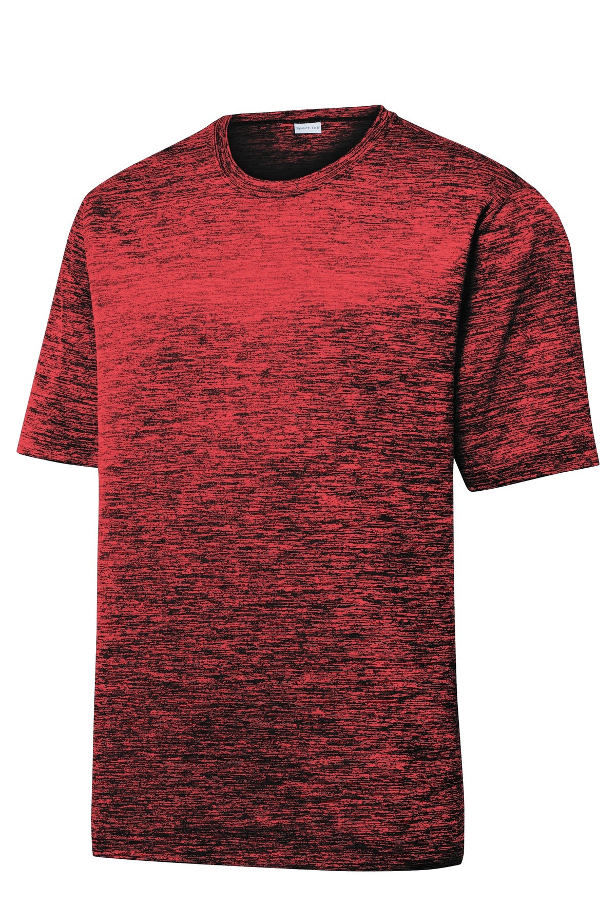 Front View of Deep Red-Blk E Sport-Tek PosiCharge Electric Heather Tee. ST390