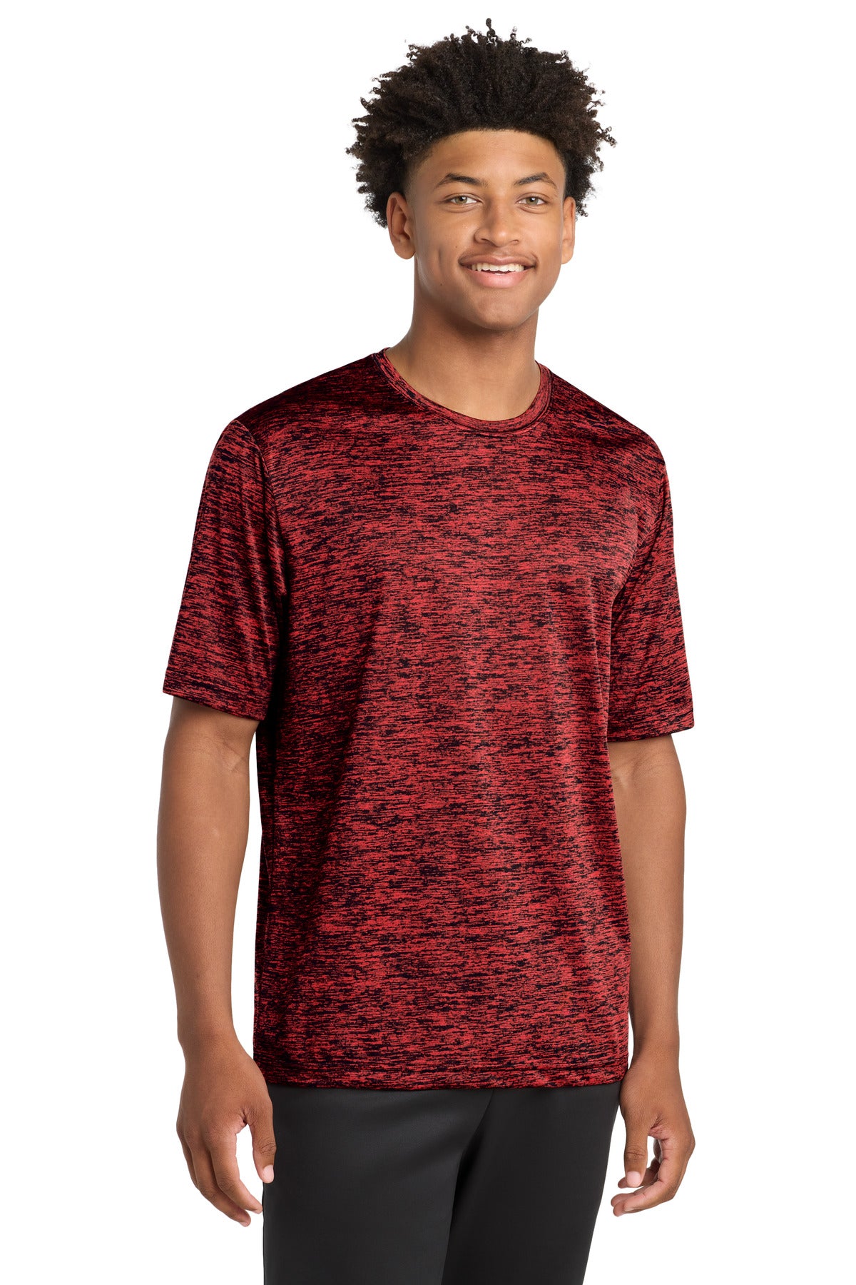 Front View of Deep Red-Blk E Sport-Tek PosiCharge Electric Heather Tee. ST390