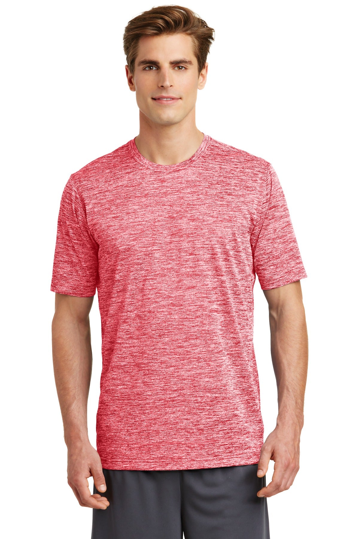Front View of Deep Red Elect Sport-Tek PosiCharge Electric Heather Tee. ST390