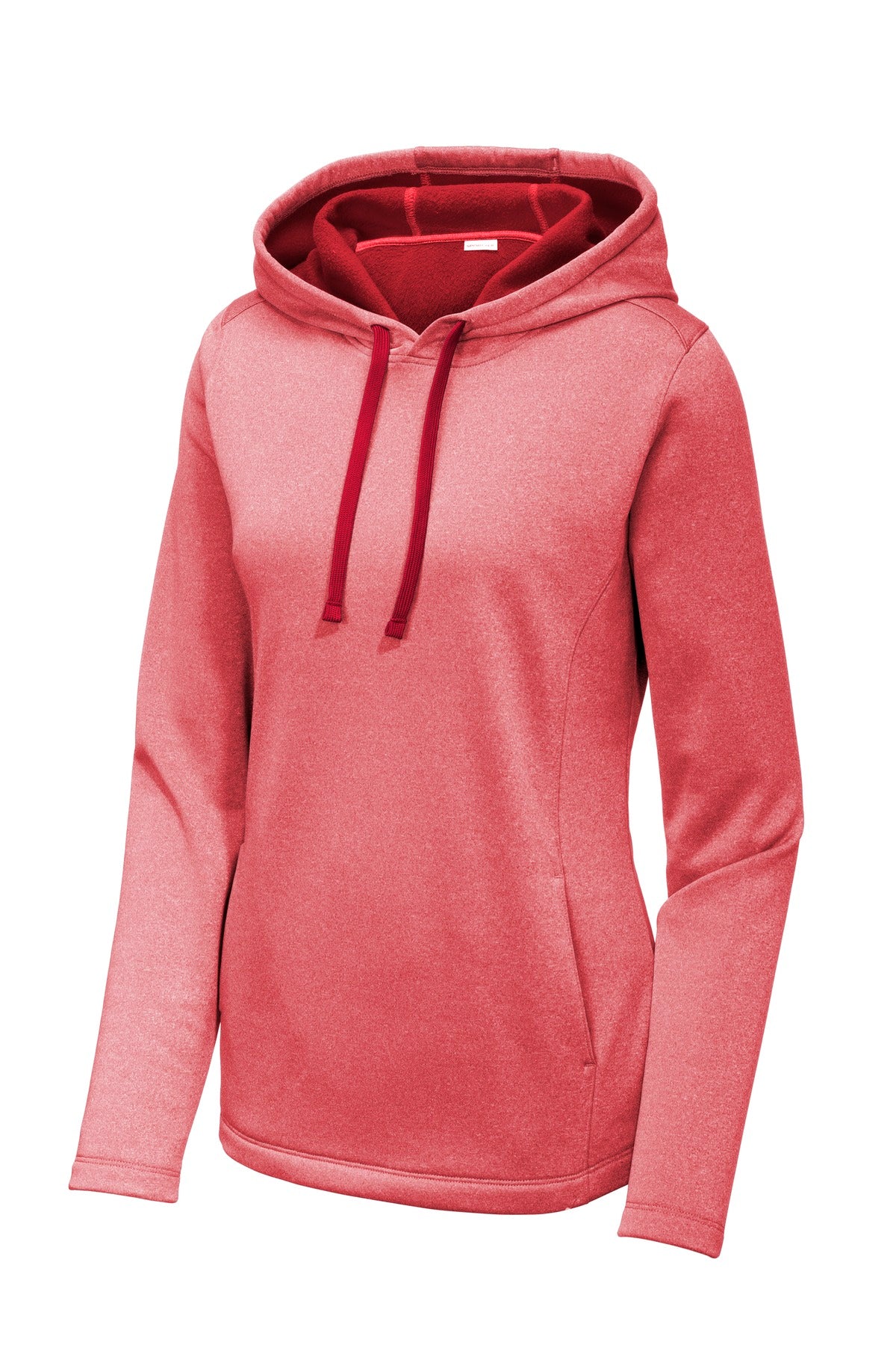 Front View of Deep Red Hthr Sport-Tek Women's PosiCharge Sport-Wick Heather Fleece Hooded Pullover. LST264