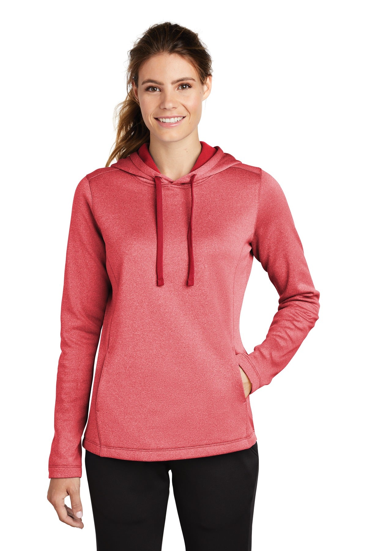 Front View of Deep Red Hthr Sport-Tek Women's PosiCharge Sport-Wick Heather Fleece Hooded Pullover. LST264