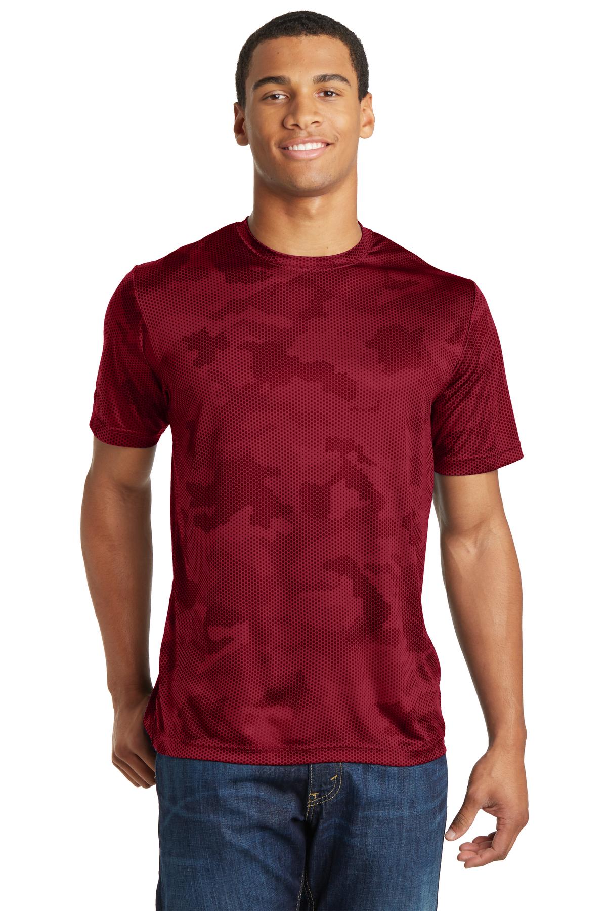 Front View of Deep Red Sport-Tek CamoHex Tee. ST370