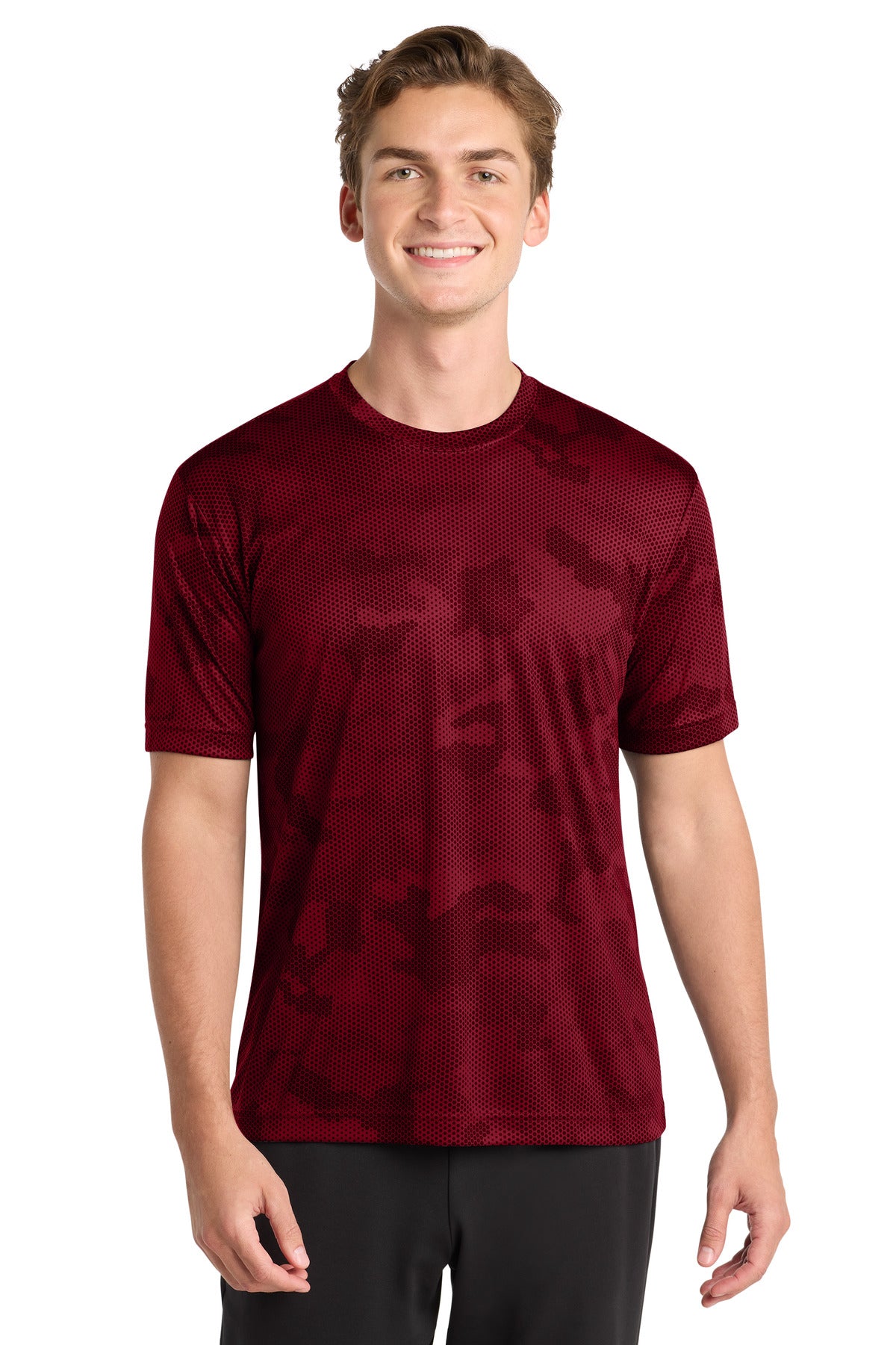 Front View of Deep Red Sport-Tek CamoHex Tee. ST370