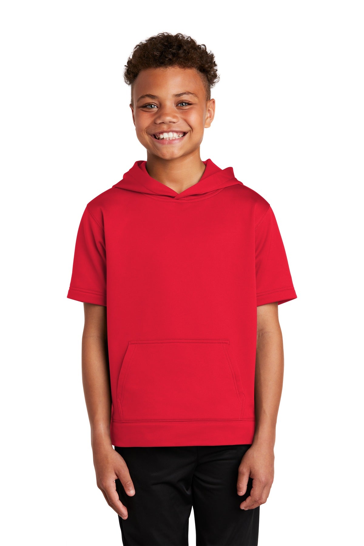Front View of Deep Red Sport-Tek Youth Sport-Wick Fleece Short Sleeve Hooded Pullover. YST251