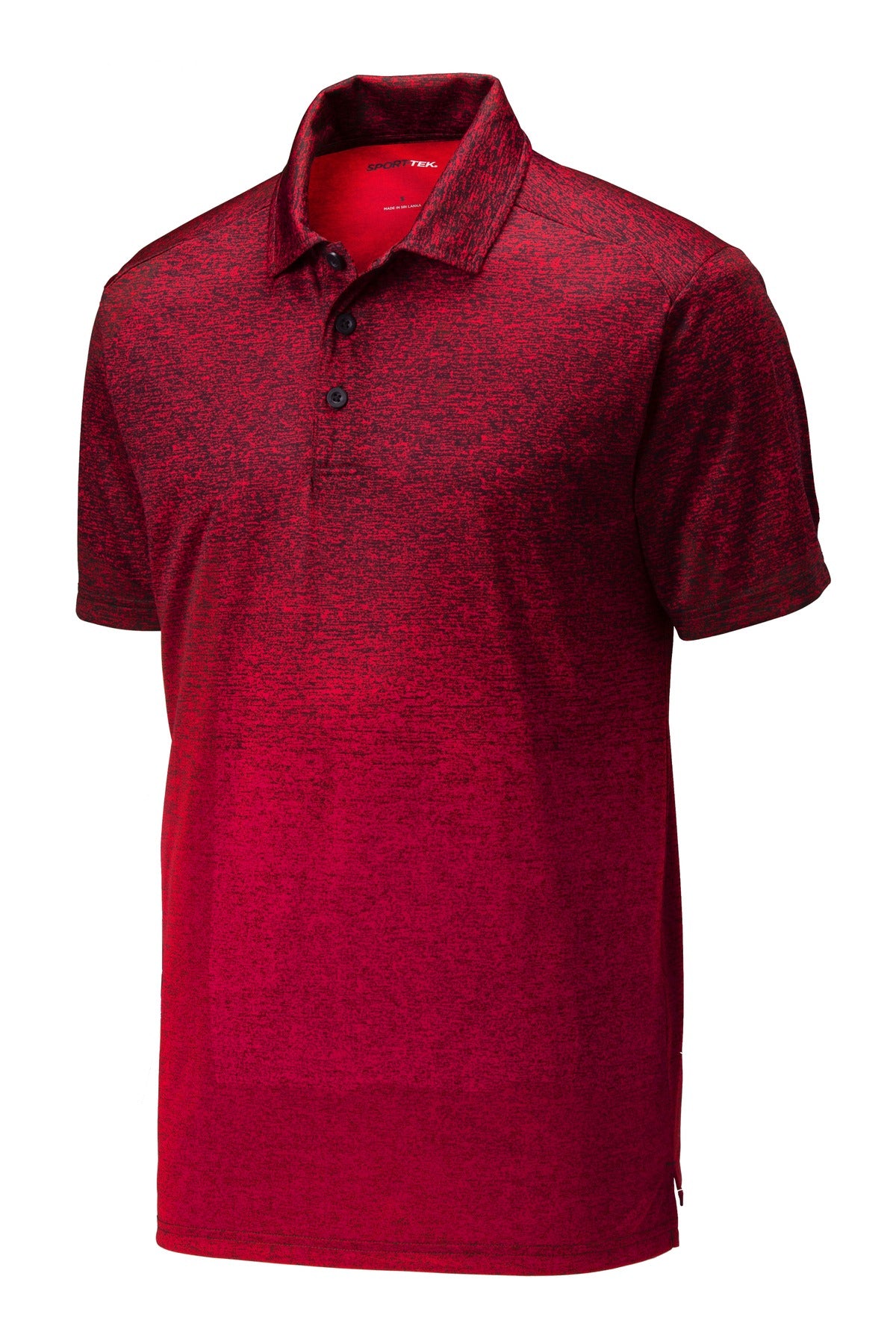 Front View of Deep Red/Black Sport-Tek Ombre Heather Polo. ST671