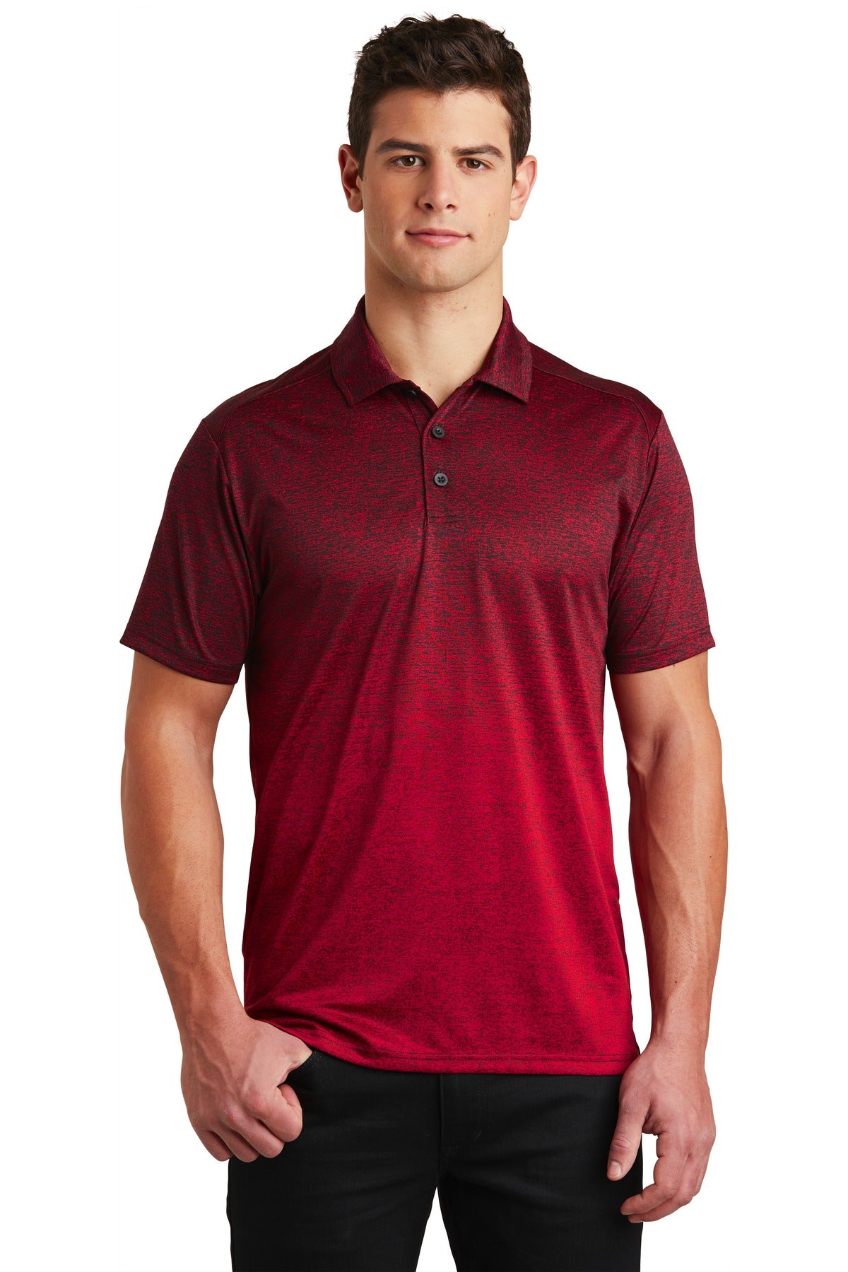 Front View of Deep Red/Black Sport-Tek Ombre Heather Polo. ST671