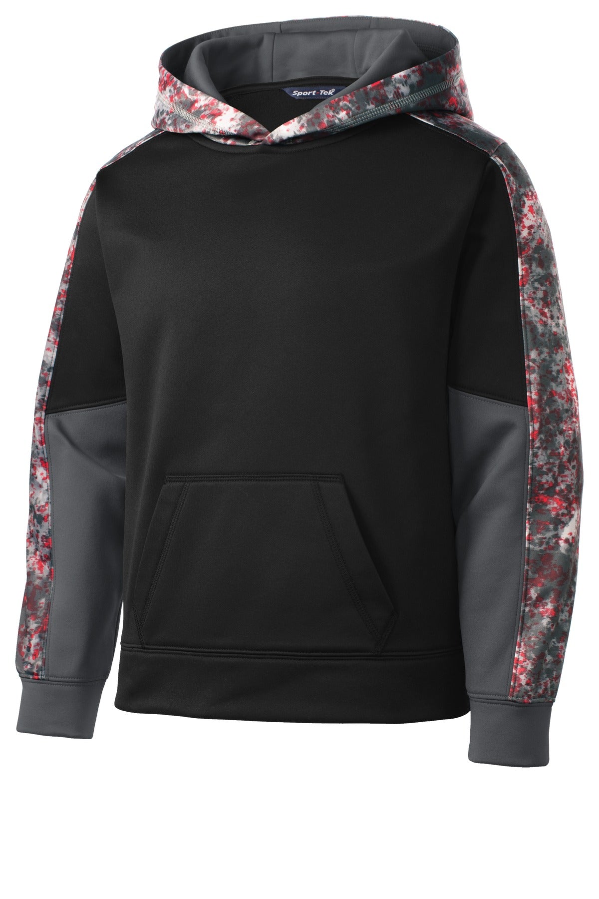 Front View of Deep Red/Black Sport-Tek Youth Sport-Wick Mineral Freeze Fleece Colorblock Hooded Pullover. YST231