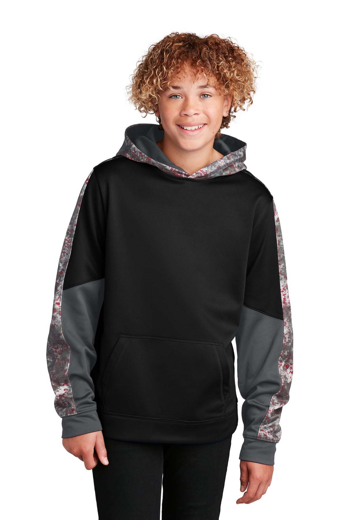 Front View of Deep Red/Black Sport-Tek Youth Sport-Wick Mineral Freeze Fleece Colorblock Hooded Pullover. YST231