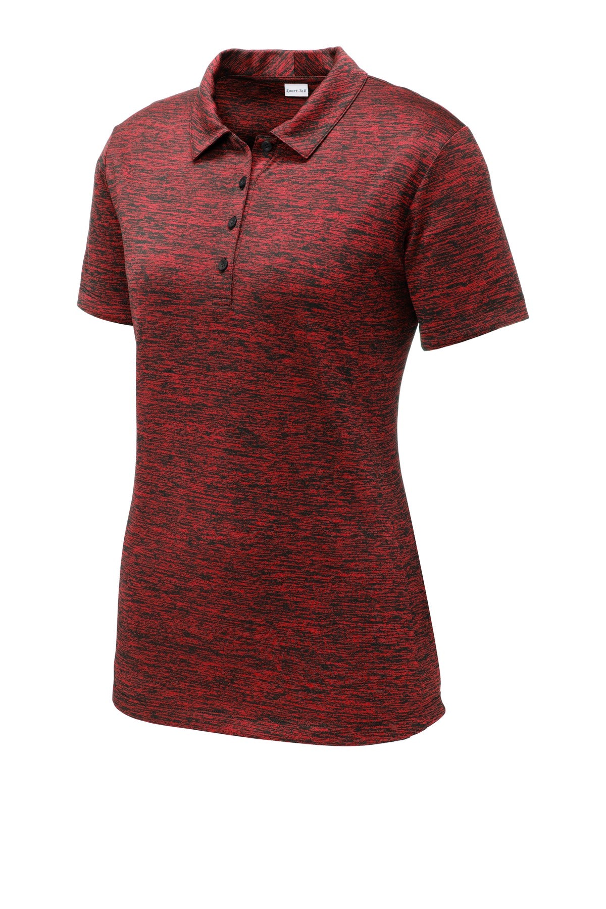 Front View of Deep Red/Blk E Sport-Tek Women's PosiCharge Electric Heather Polo. LST590