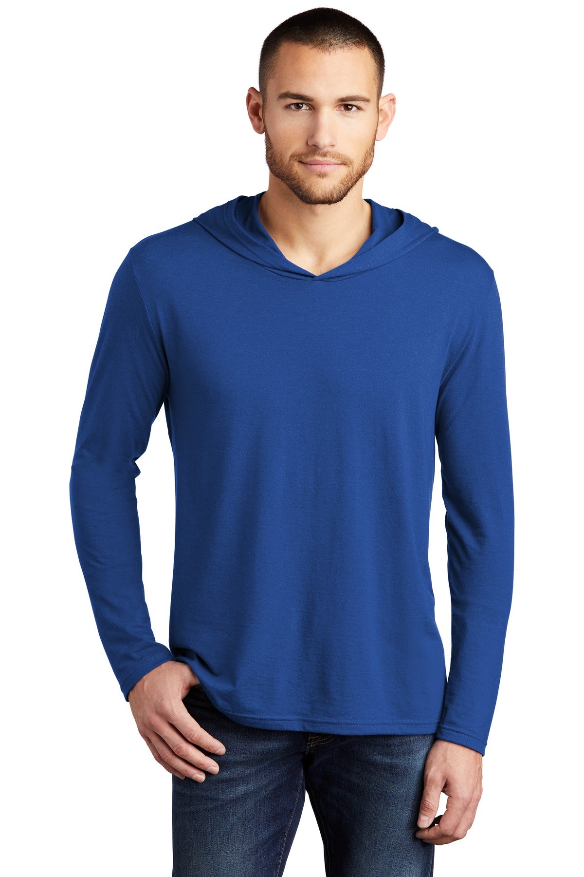 Front View of Deep Royal District Perfect Tri Long Sleeve Hoodie. DM139
