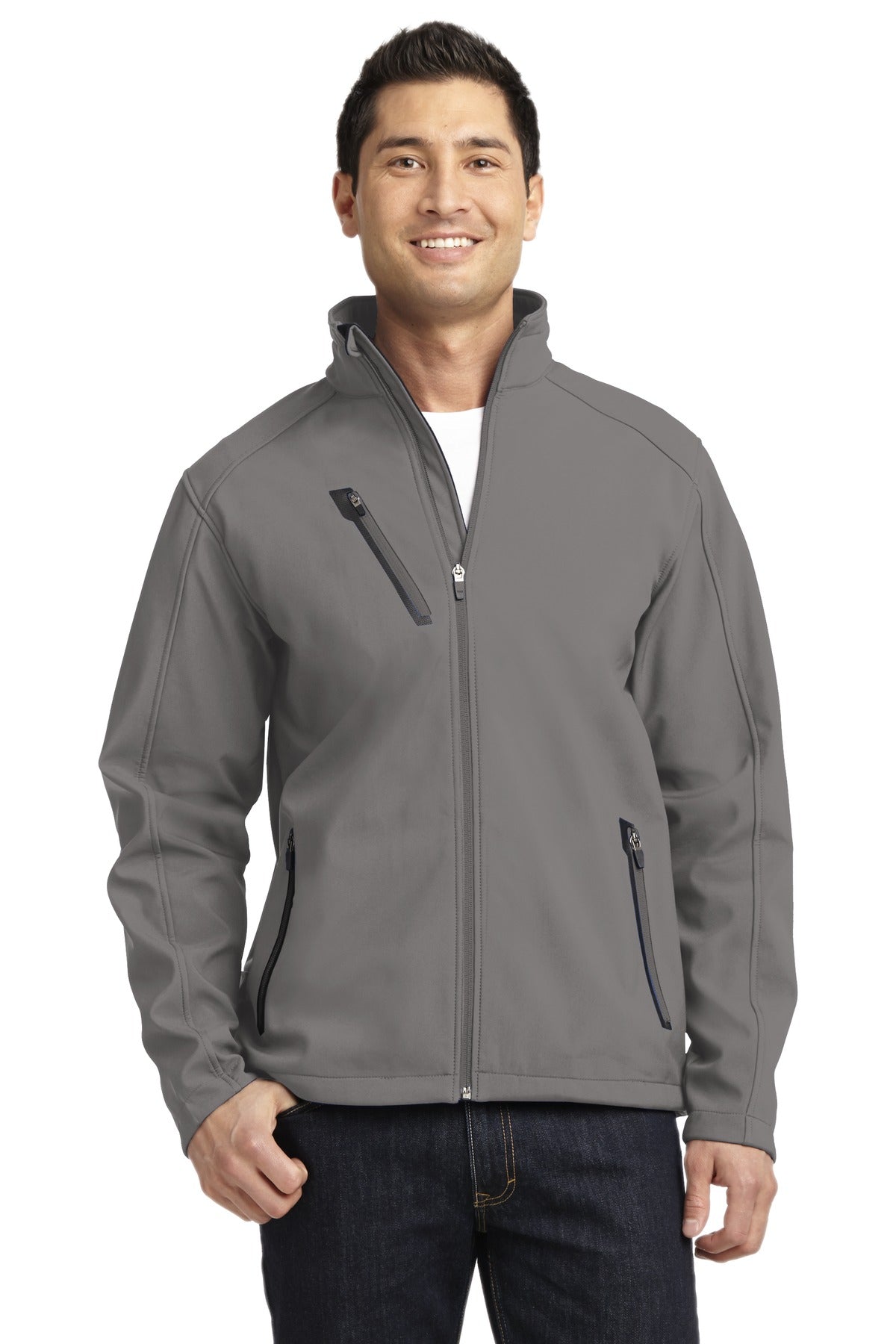 Front View of Deep Smoke Port Authority Welded Soft Shell Jacket. J324