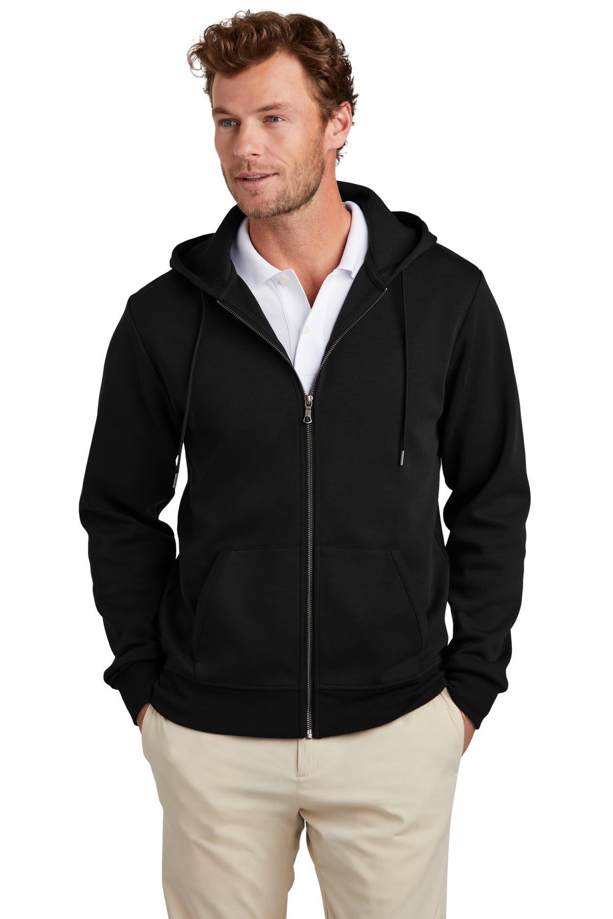 Front View of DeepBlack Brooks Brothers Double-Knit Full-Zip Hoodie BB18208