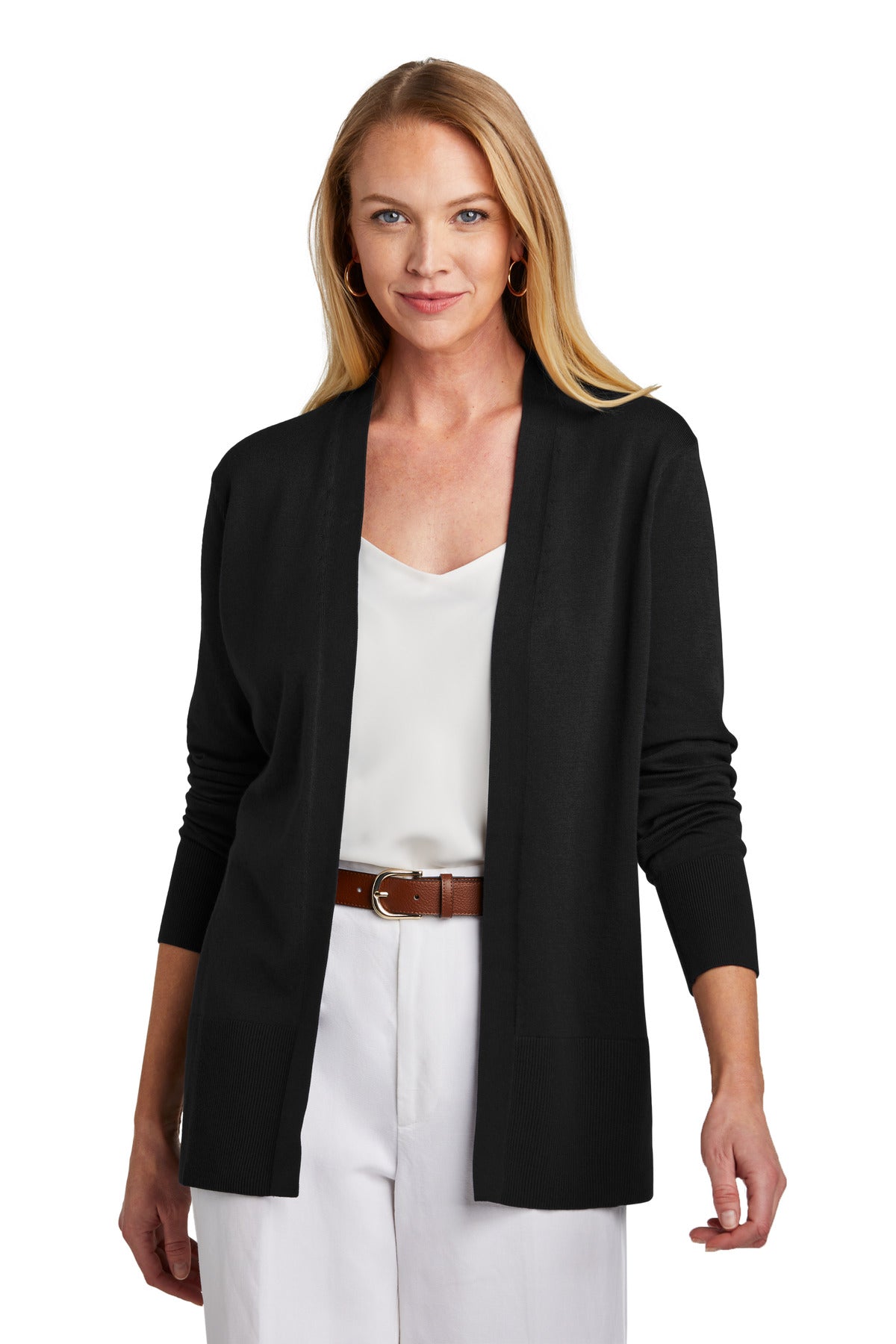 Front View of DeepBlack Brooks Brothers Women's Cotton Stretch Long Cardigan Sweater BB18403