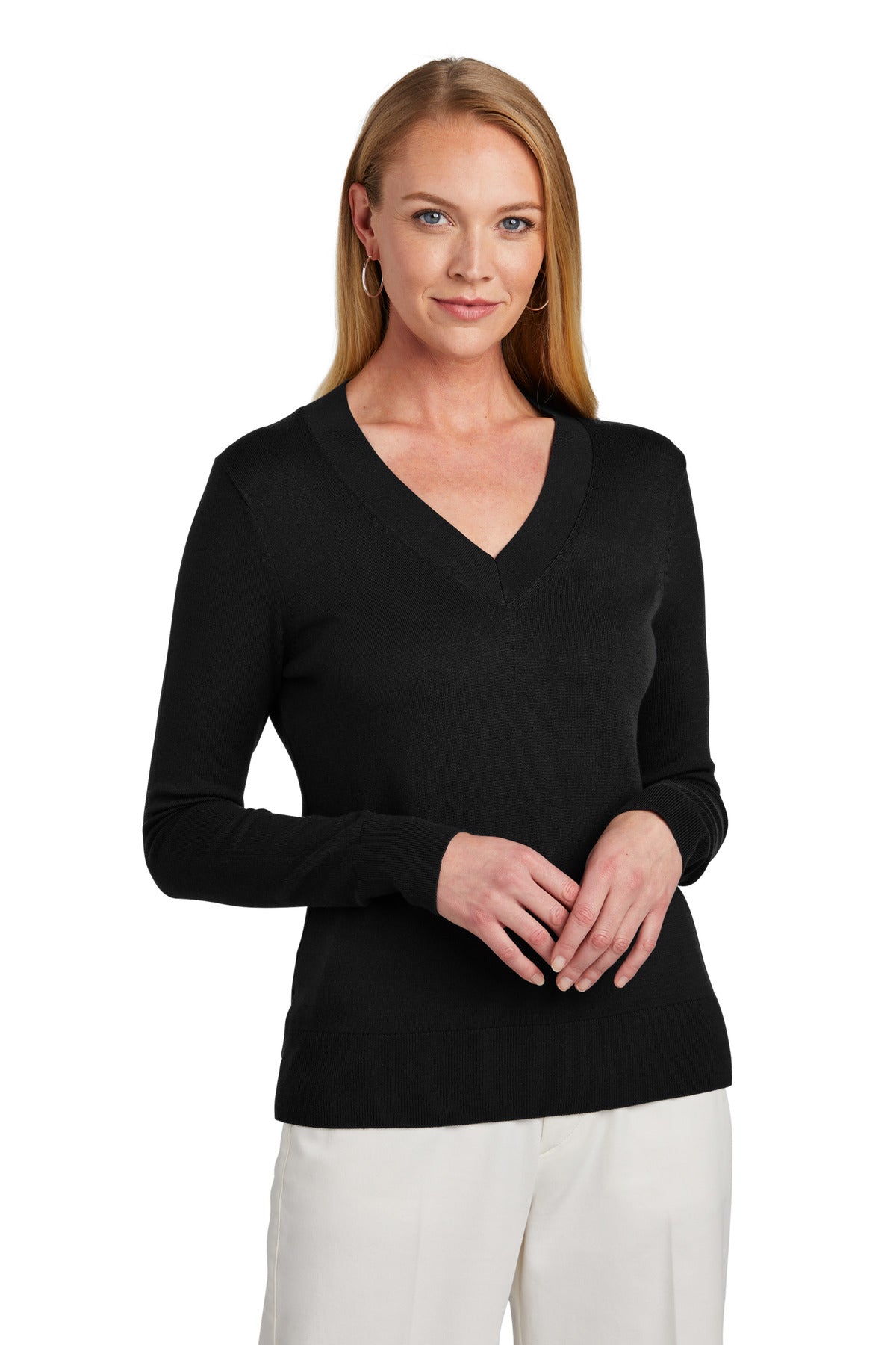 Front View of DeepBlack Brooks Brothers Women's Cotton Stretch V-Neck Sweater BB18401