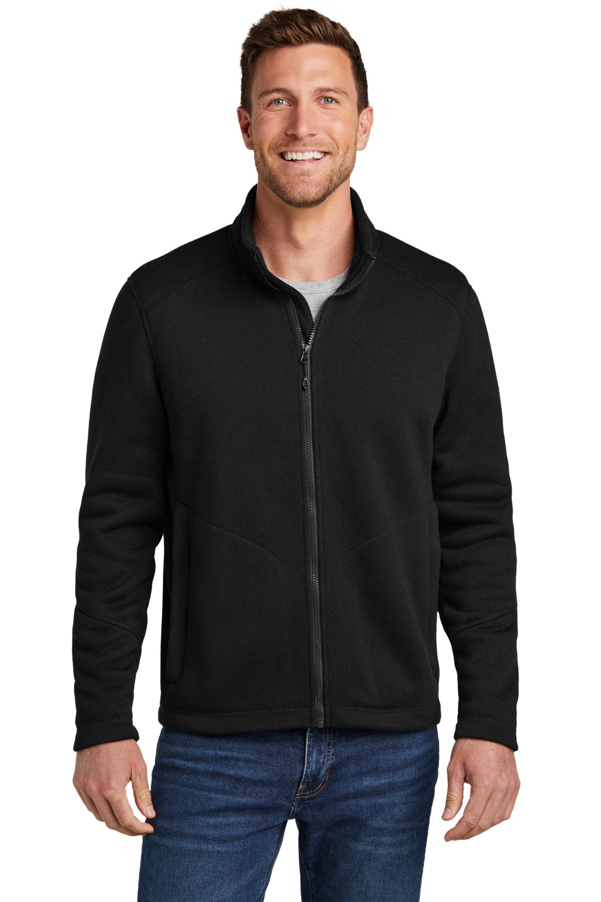 Front View of DeepBlack Port Authority Arc Sweater Fleece Jacket F428