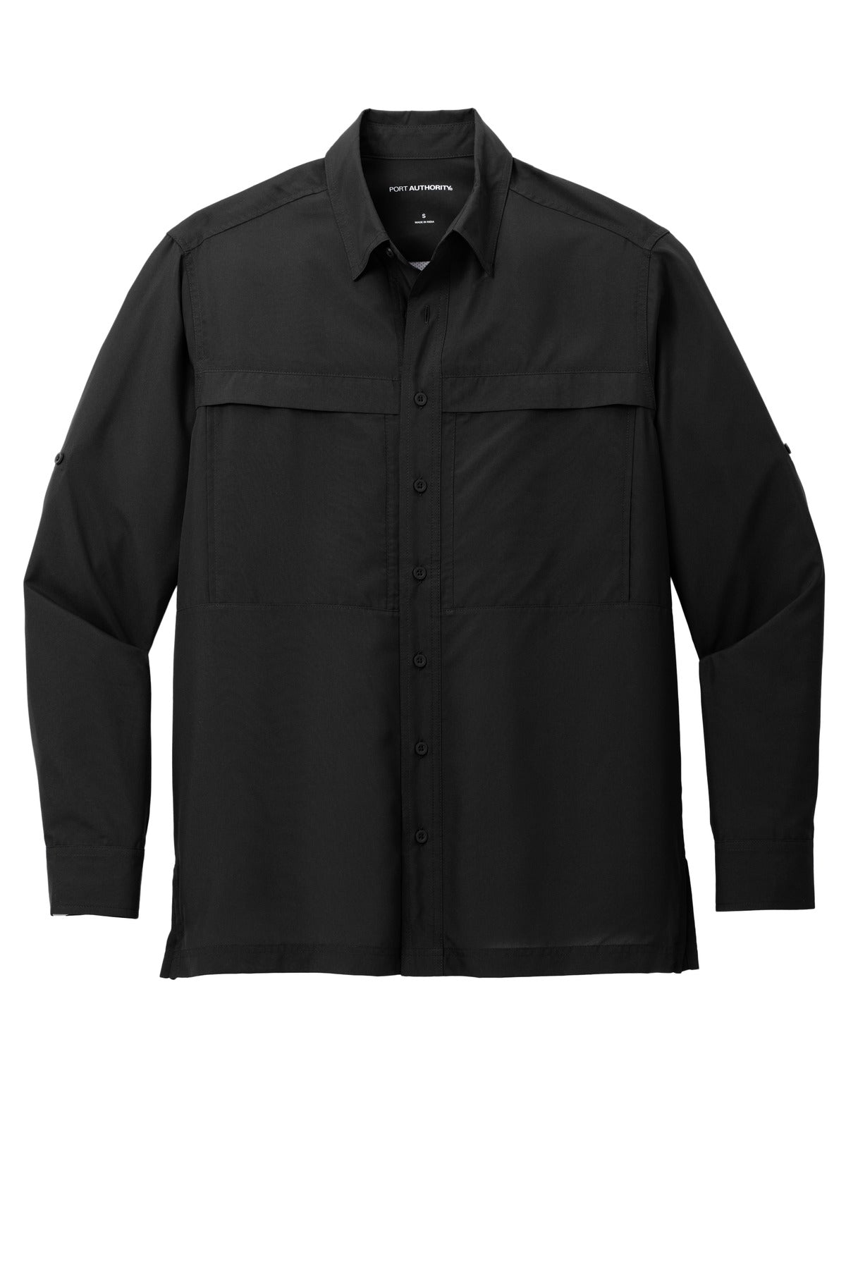 Front View of DeepBlack Port Authority Long Sleeve UV Daybreak Shirt W960