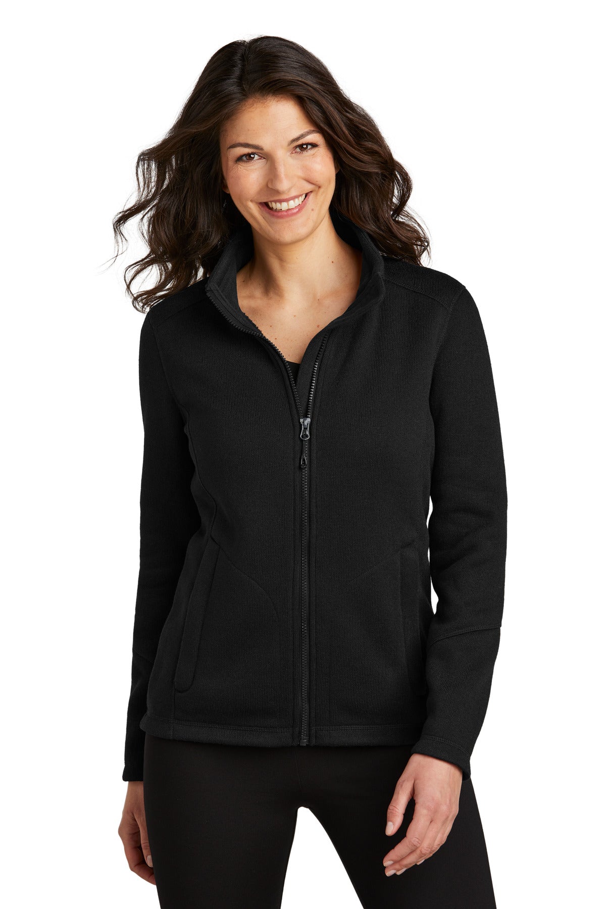 Front View of DeepBlack Port Authority Women's Arc Sweater Fleece Jacket L428
