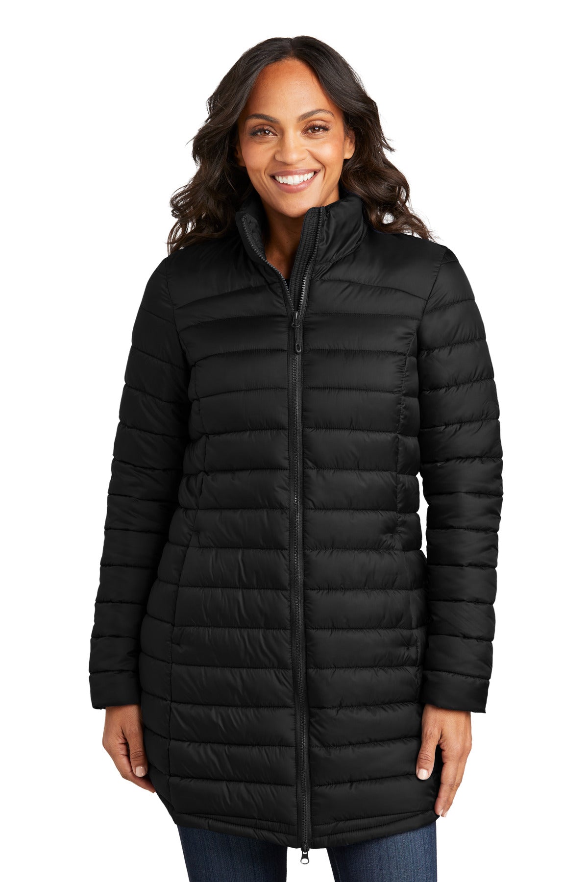 Front View of DeepBlack Port Authority Women's Horizon Puffy Long Jacket L365