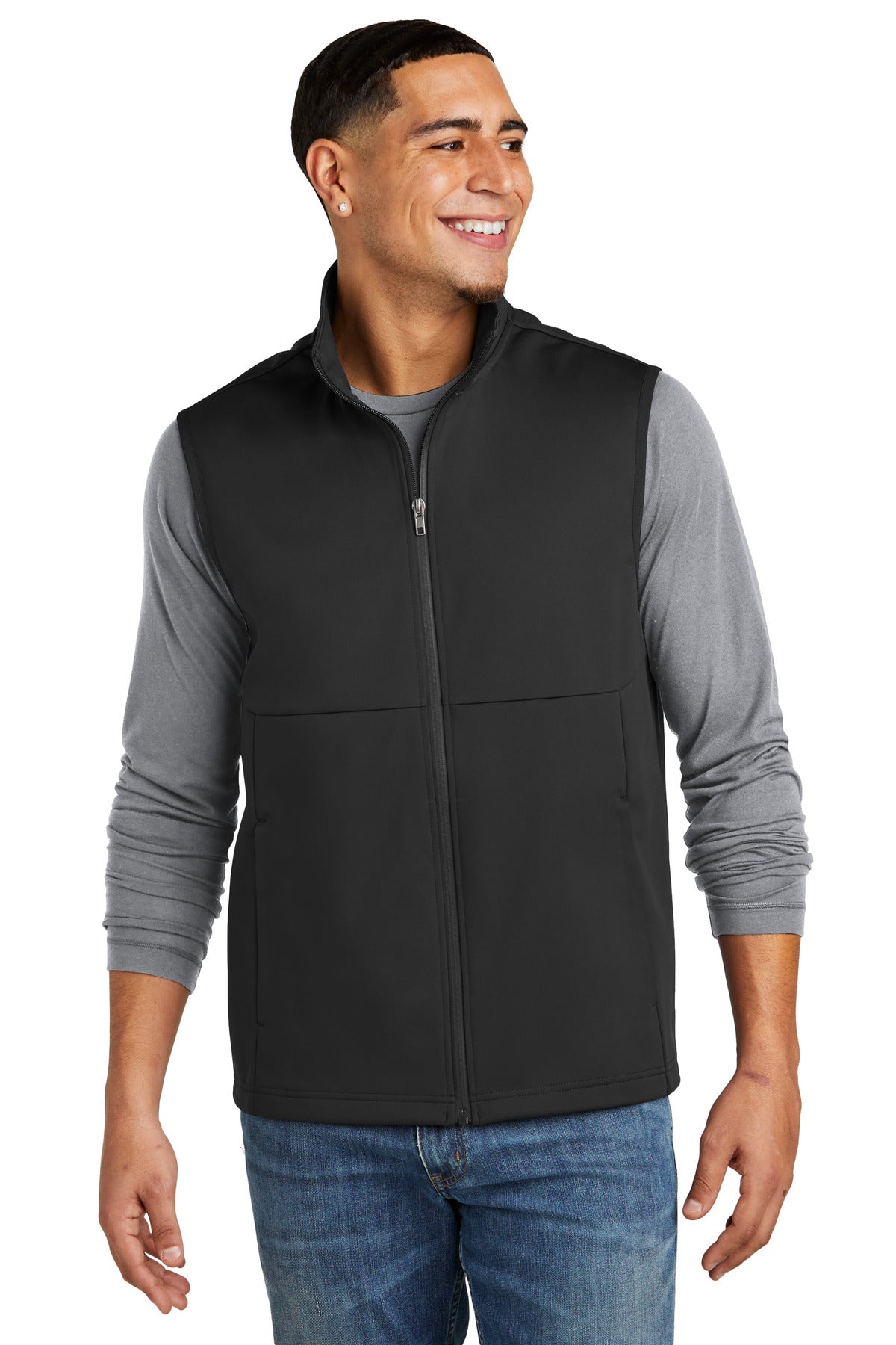 Front View of DeepBlack Sport-Tek Soft Shell Vest ST981