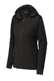 Front View of DeepBlack Sport-Tek Women's Hooded Soft Shell Jacket LST980