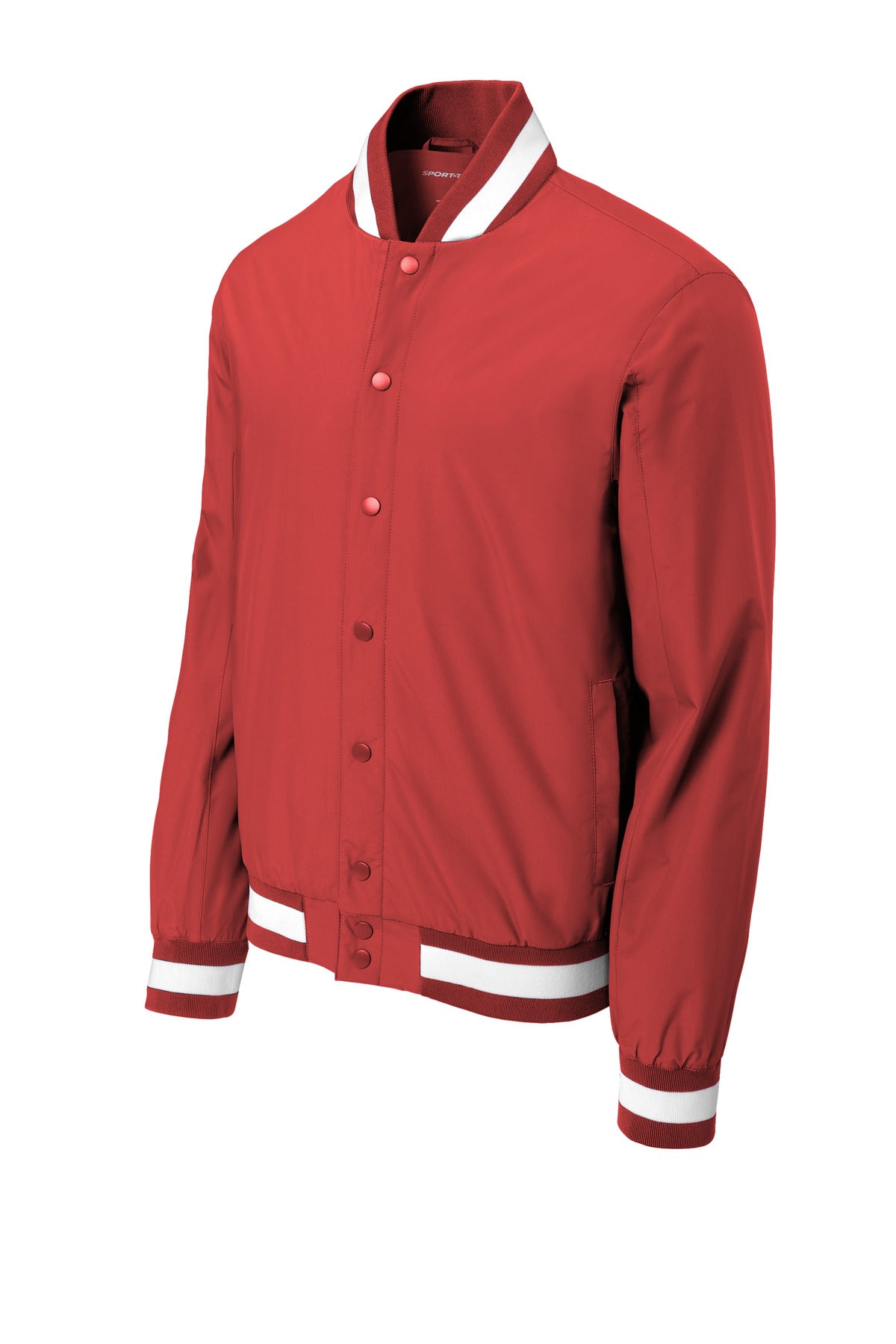 Front View of DeepRed Sport-Tek Insulated Varsity Jacket JST58