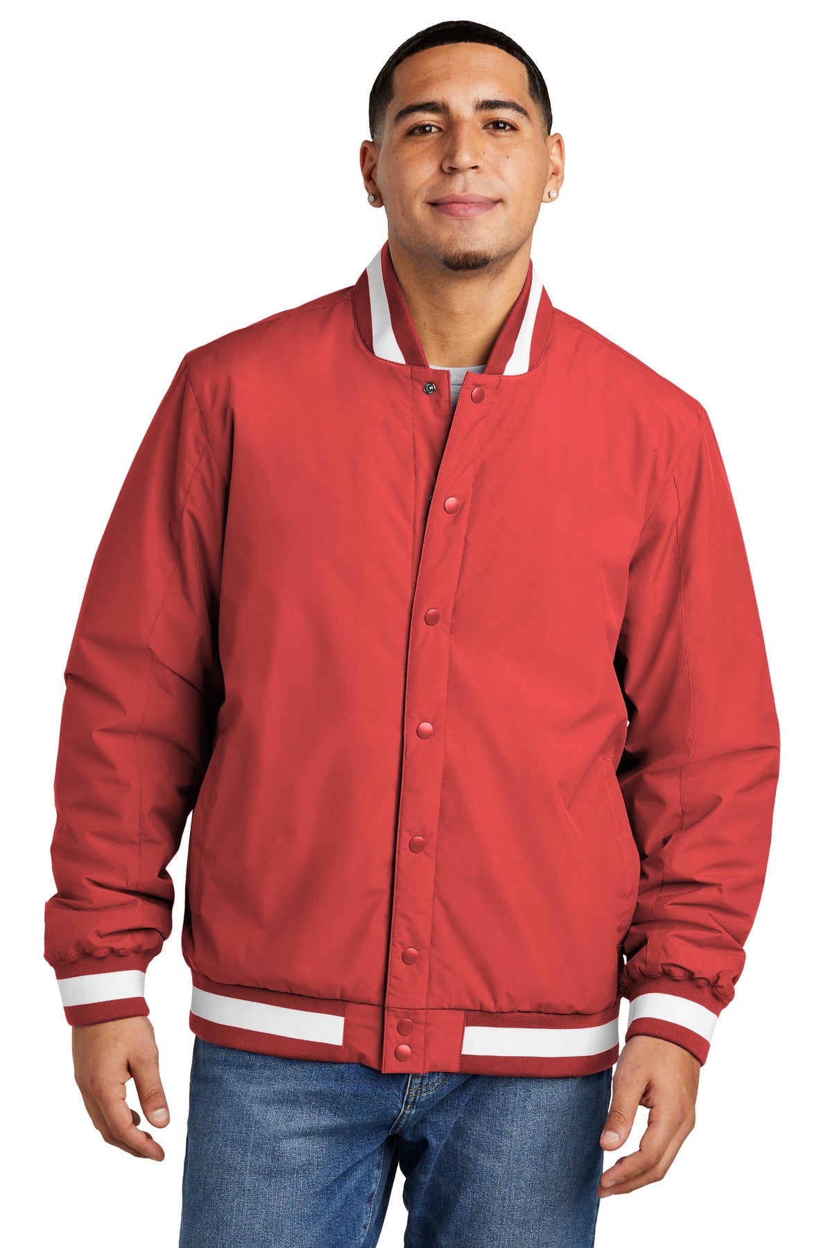 Front View of DeepRed Sport-Tek Insulated Varsity Jacket JST58