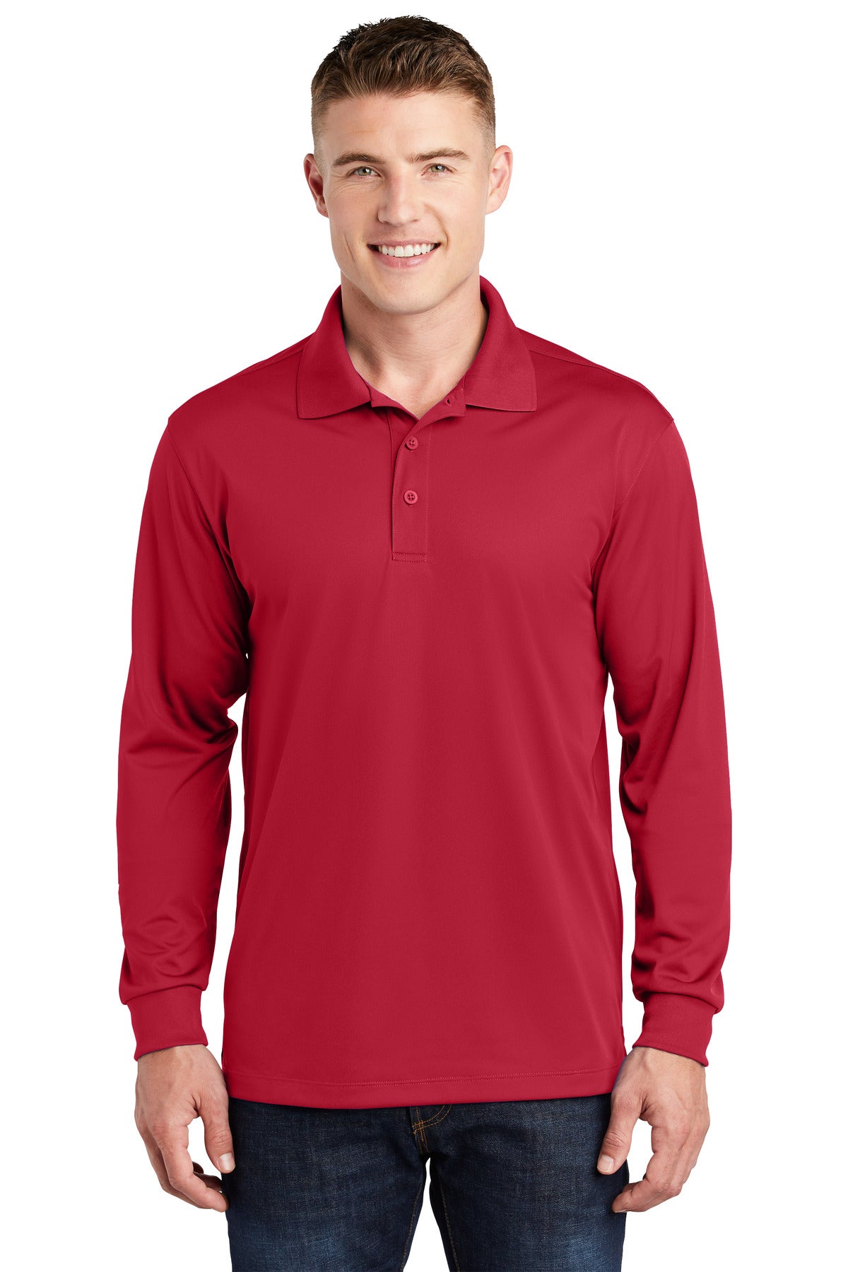 Front View of DeepRed Sport-Tek Long Sleeve Micropique Sport-Wick Polo. ST657