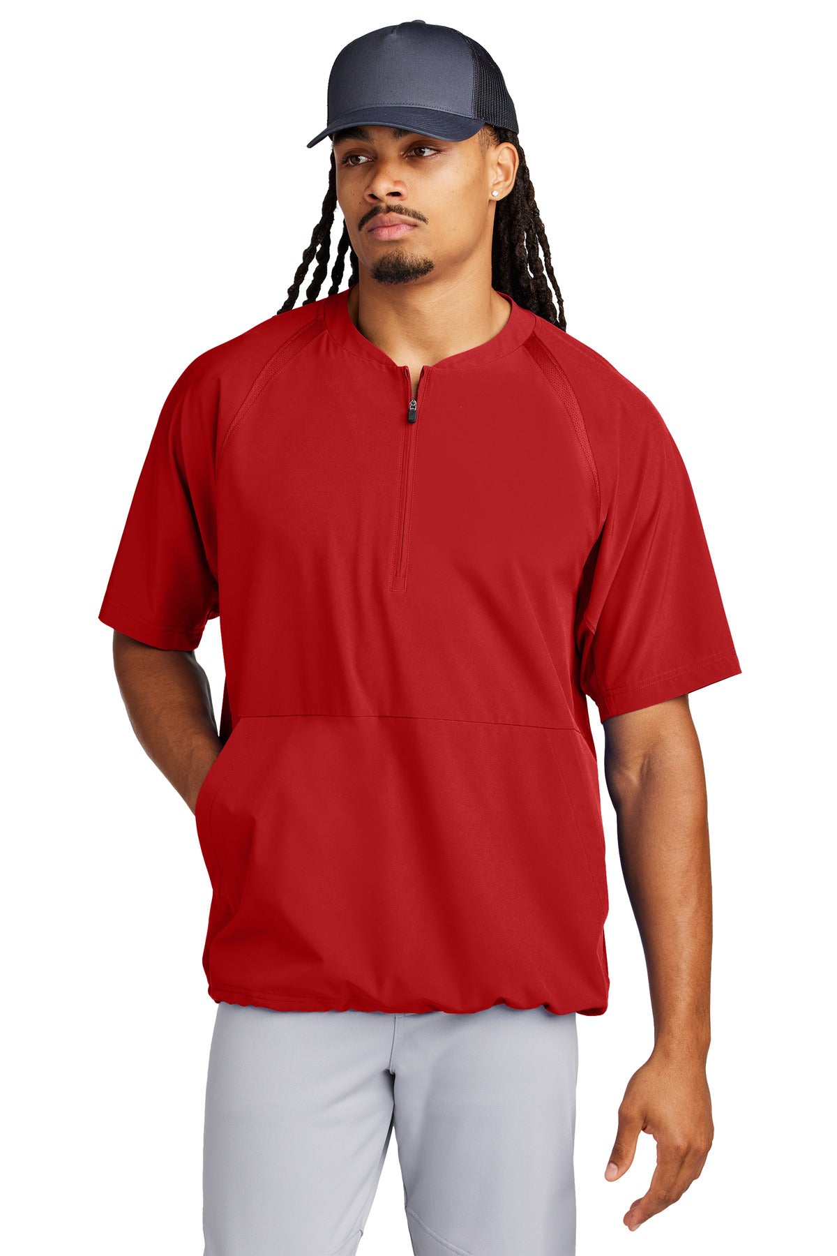 Front View of DeepRed Sport-Tek Repeat 1/2-Zip Short Sleeve Jacket JST489