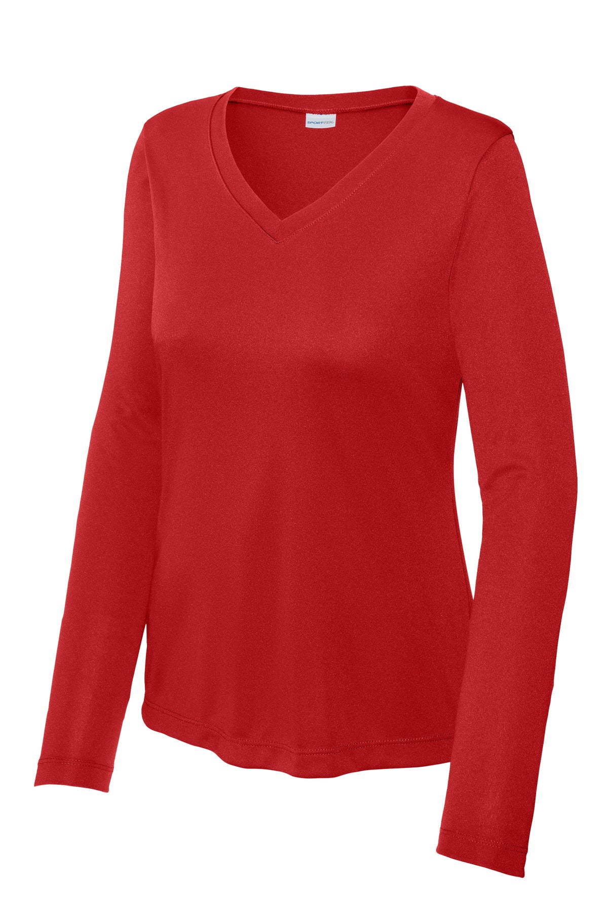 Front View of DeepRed Sport-Tek Women's Long Sleeve PosiCharge Competitor V-Neck Tee. LST353LS