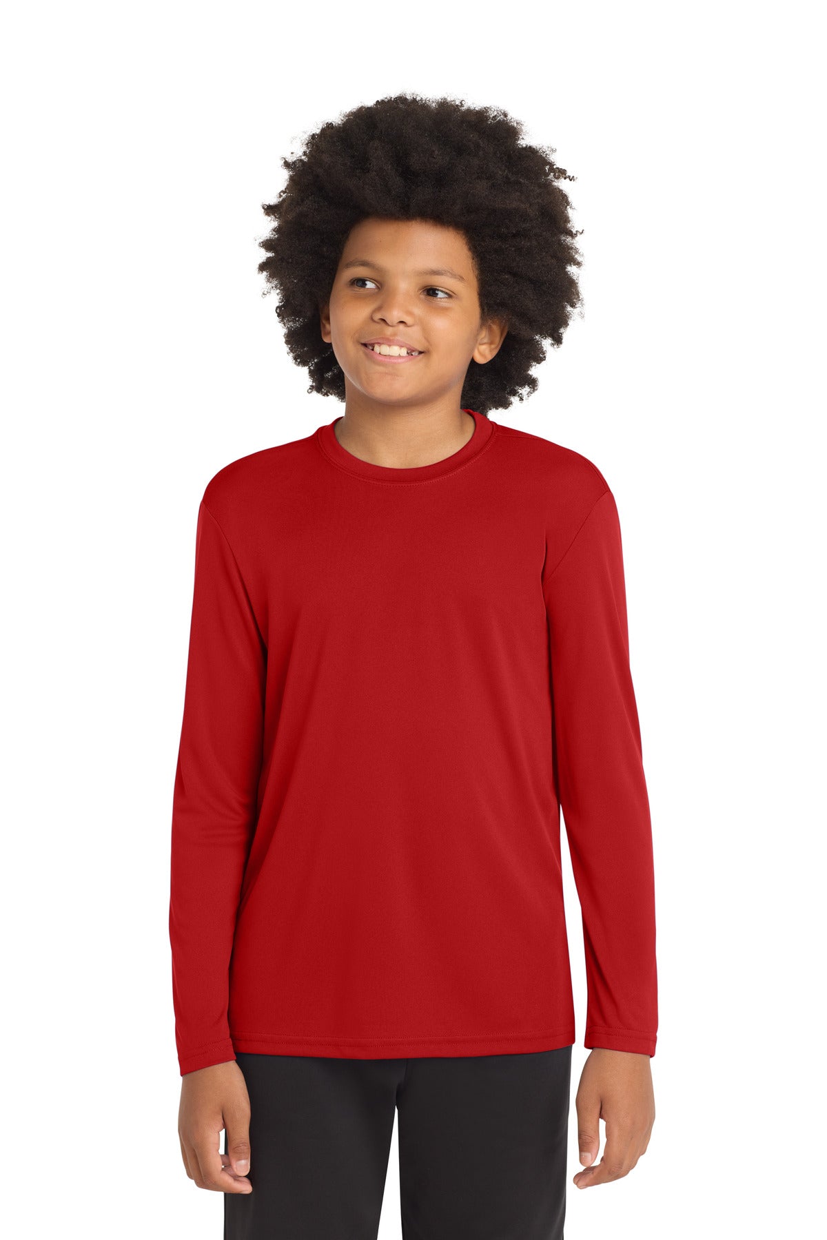 Front View of DeepRed Sport-Tek Youth Long Sleeve PosiCharge Competitor Tee. YST350LS