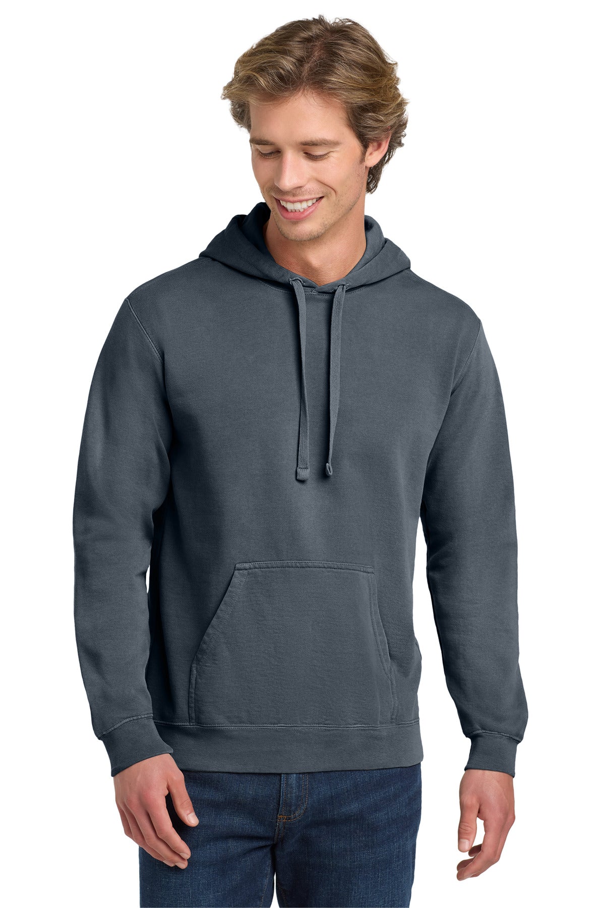 Front View of Denim COMFORT COLORS Ring Spun Hooded Sweatshirt. 1567