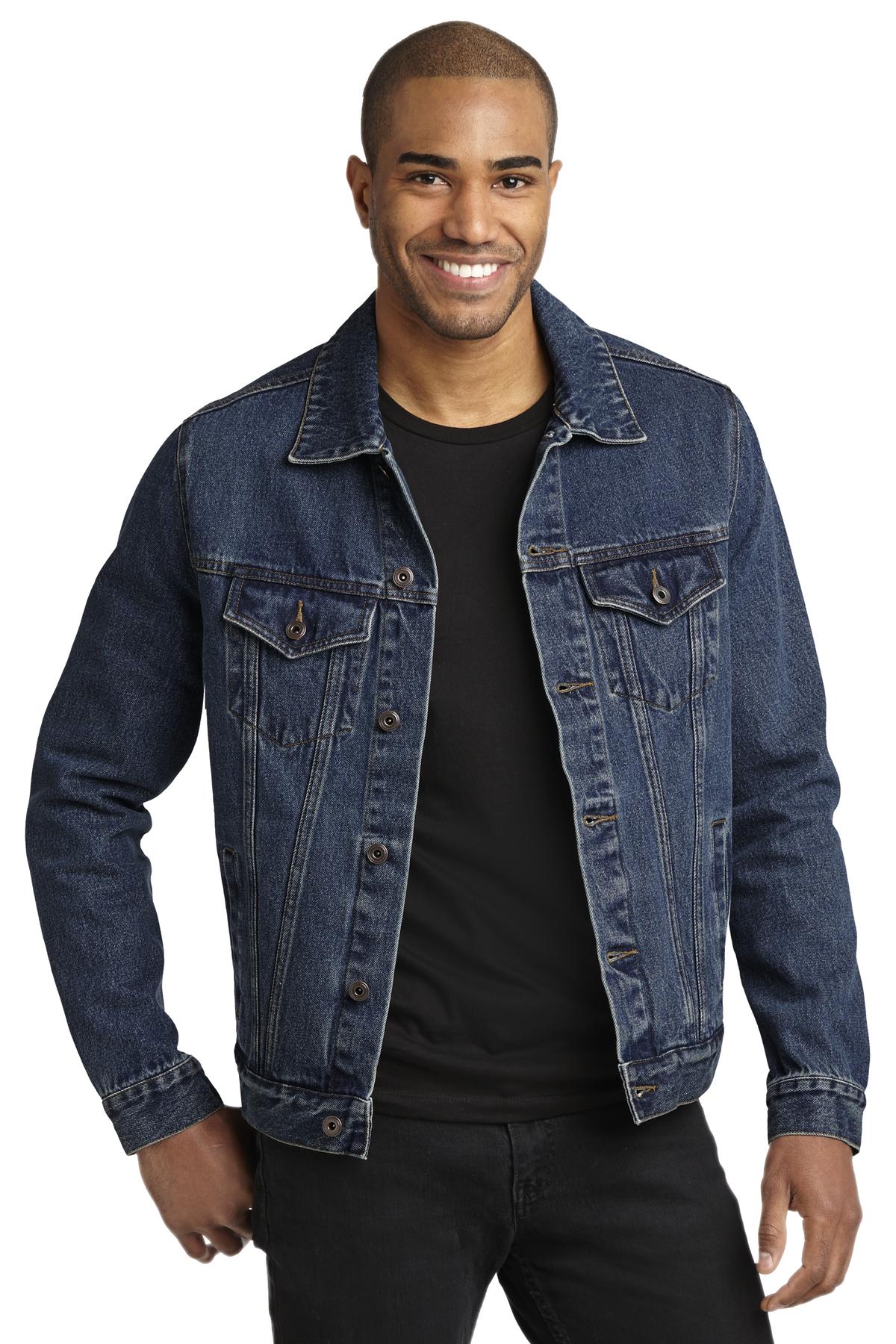 Front View of Denim Port Authority Denim Jacket. J7620