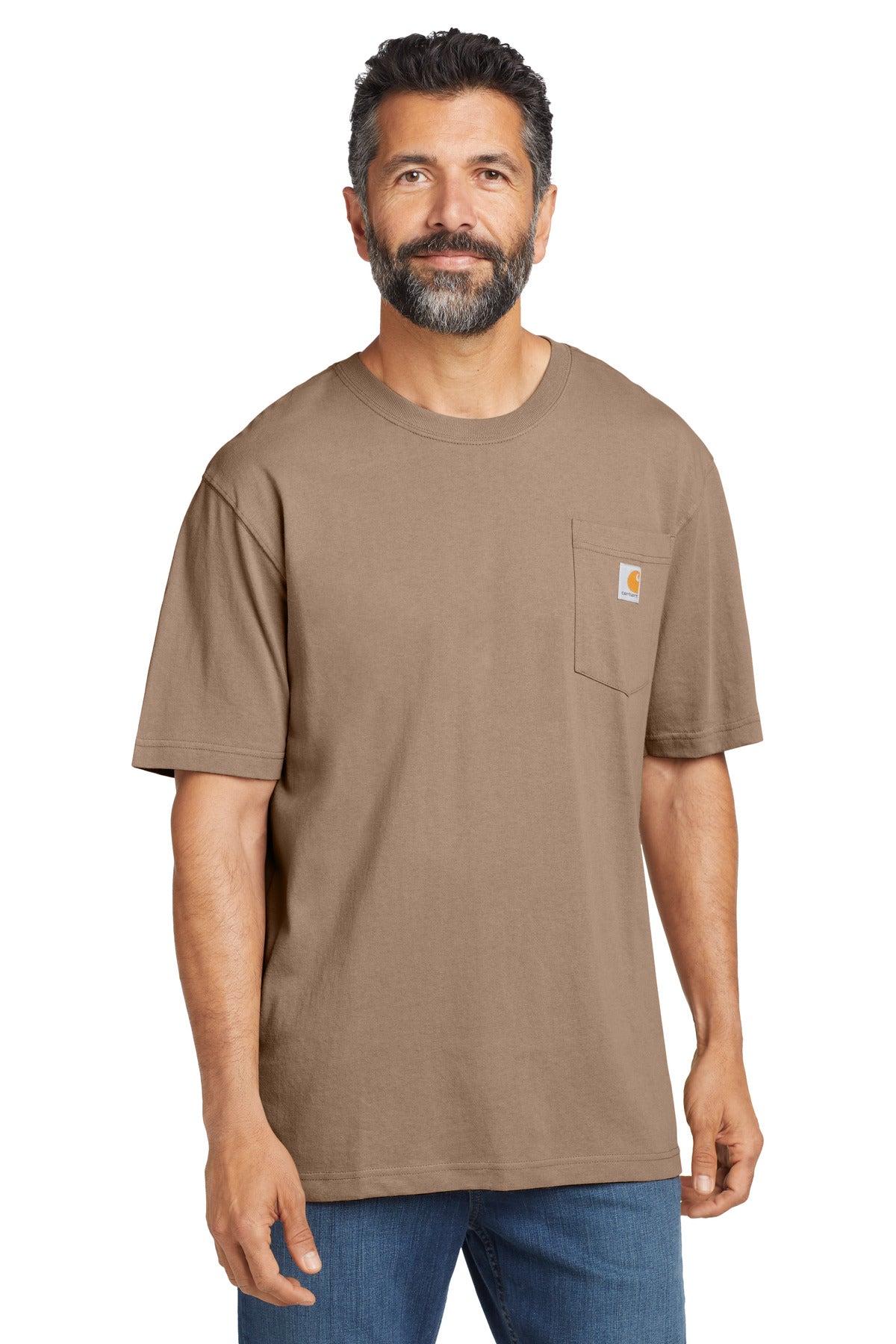 Front View of Desert Carhartt Tall Workwear Pocket Short Sleeve T-Shirt. CTTK87