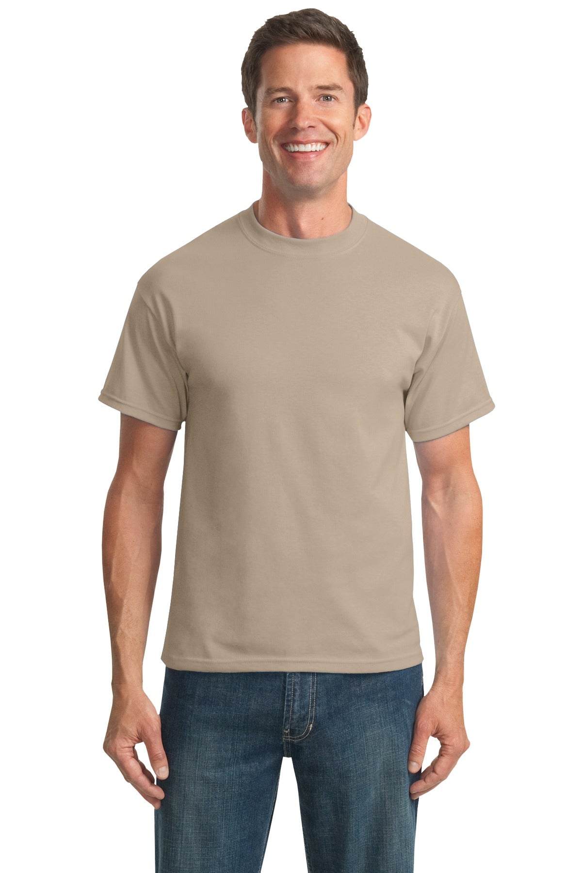 Front View of Desert Sand Port & Company Tall Core Blend Tee. PC55T