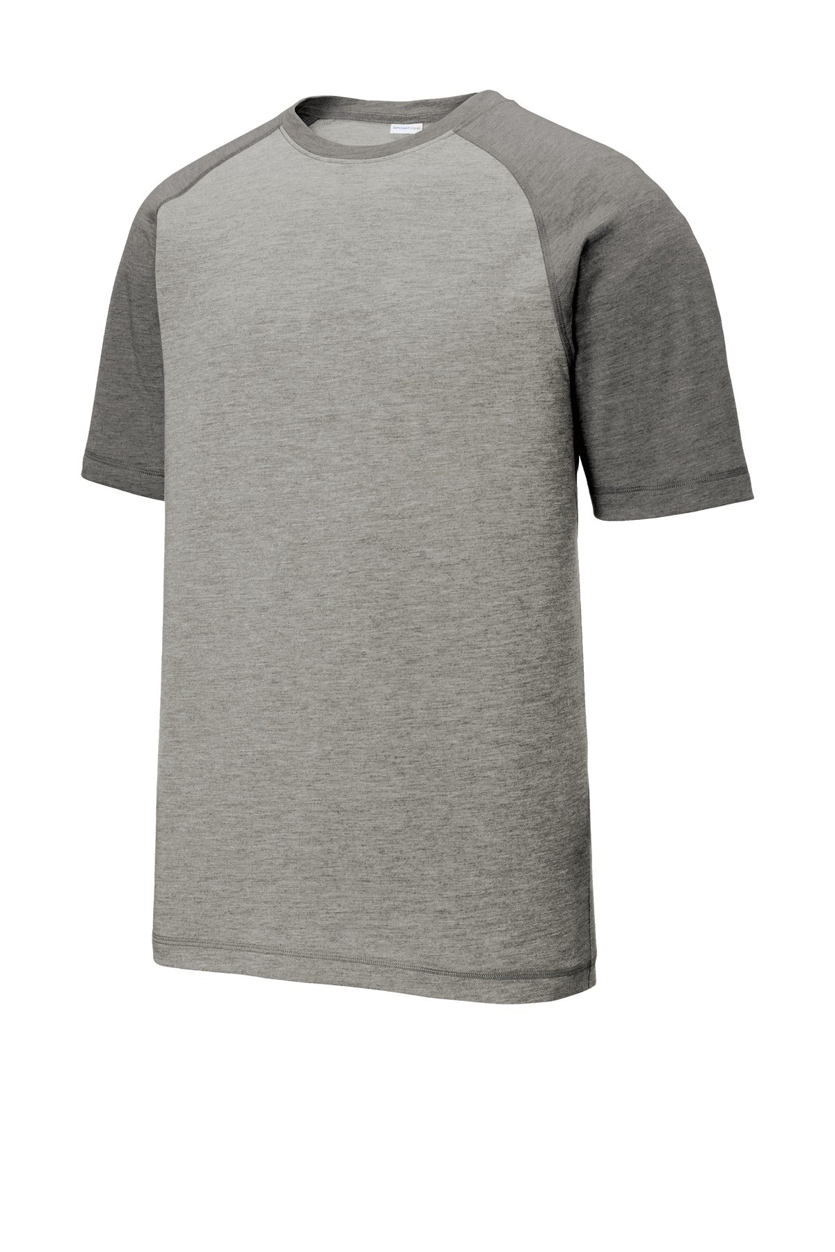 Front View of Dk Gry He/LGH Sport-Tek PosiCharge Tri-Blend Wicking Raglan Tee. ST400