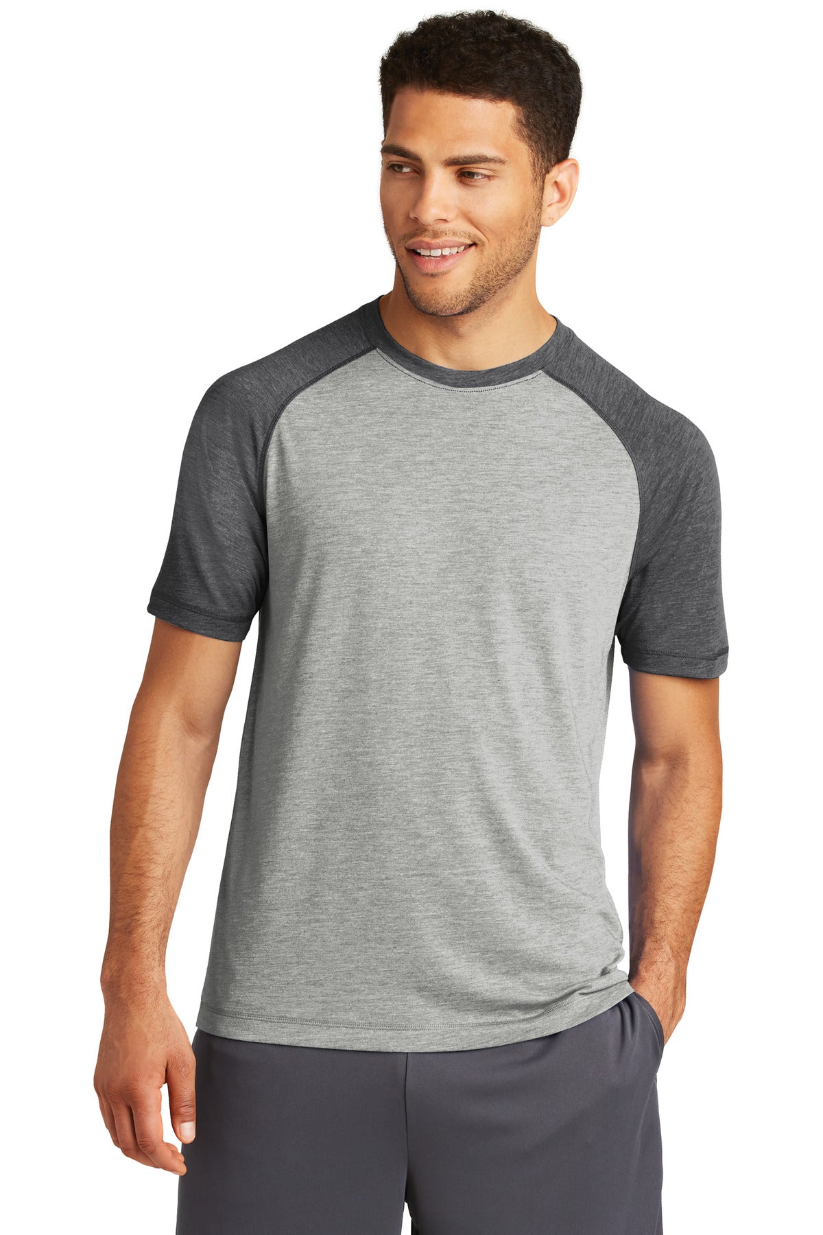 Front View of Dk Gry He/LGH Sport-Tek PosiCharge Tri-Blend Wicking Raglan Tee. ST400