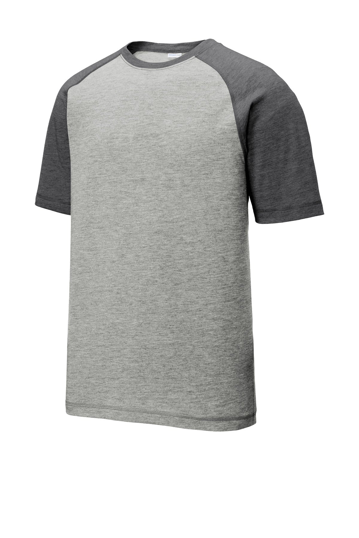 Front View of Dk Gry He/LGH Sport-Tek PosiCharge Tri-Blend Wicking Raglan Tee. ST400