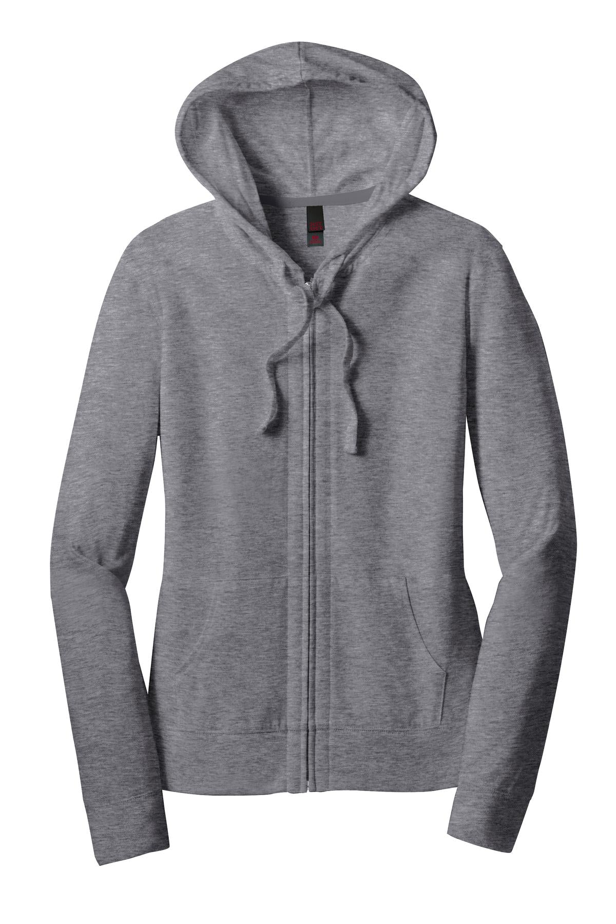 Front View of Dk Hthr Grey District Women's Fitted Jersey Full-Zip Hoodie. DT2100