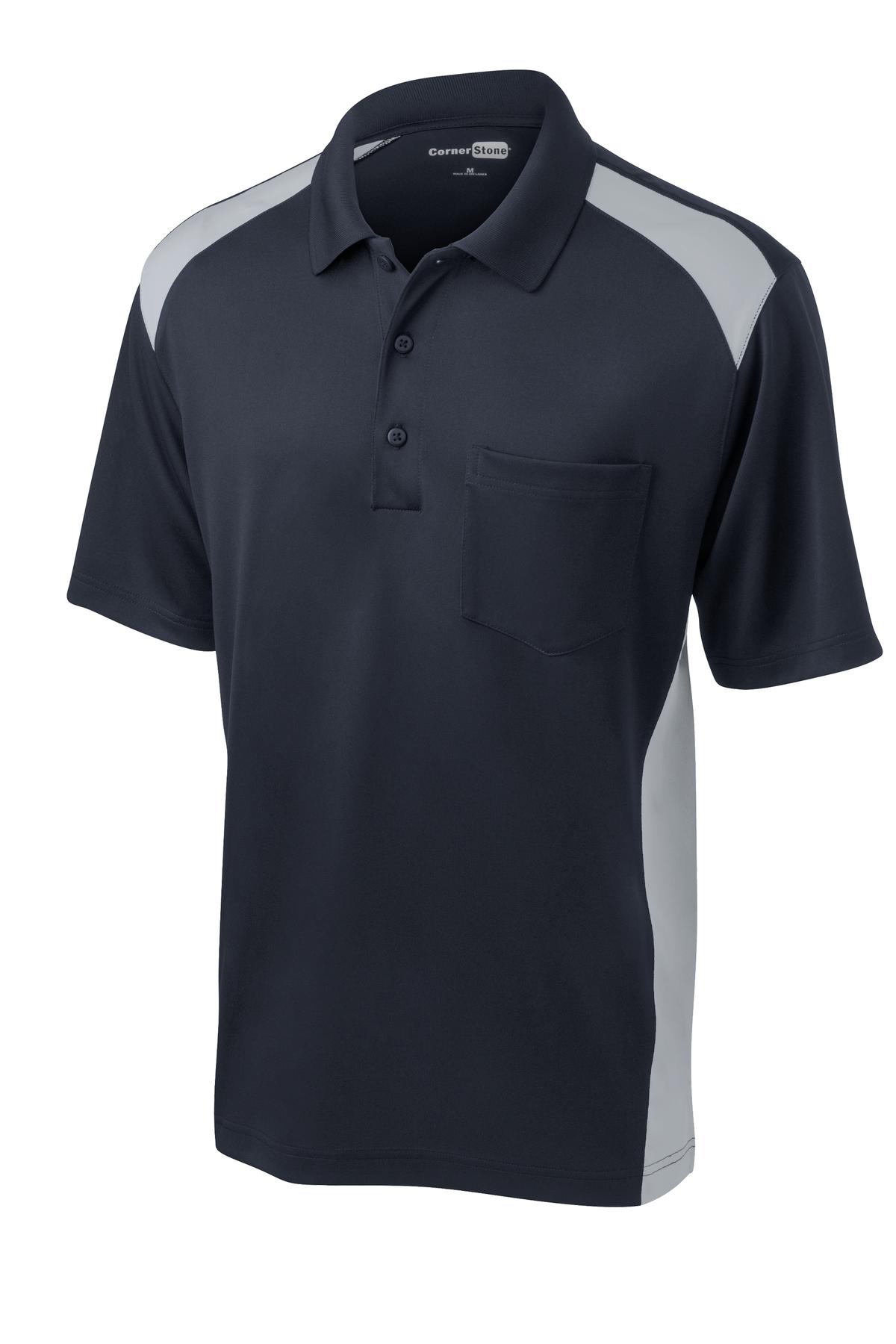 Front View of Dk Navy/Lt Gry CornerStone Select Snag-Proof Two Way Colorblock Pocket Polo. CS416