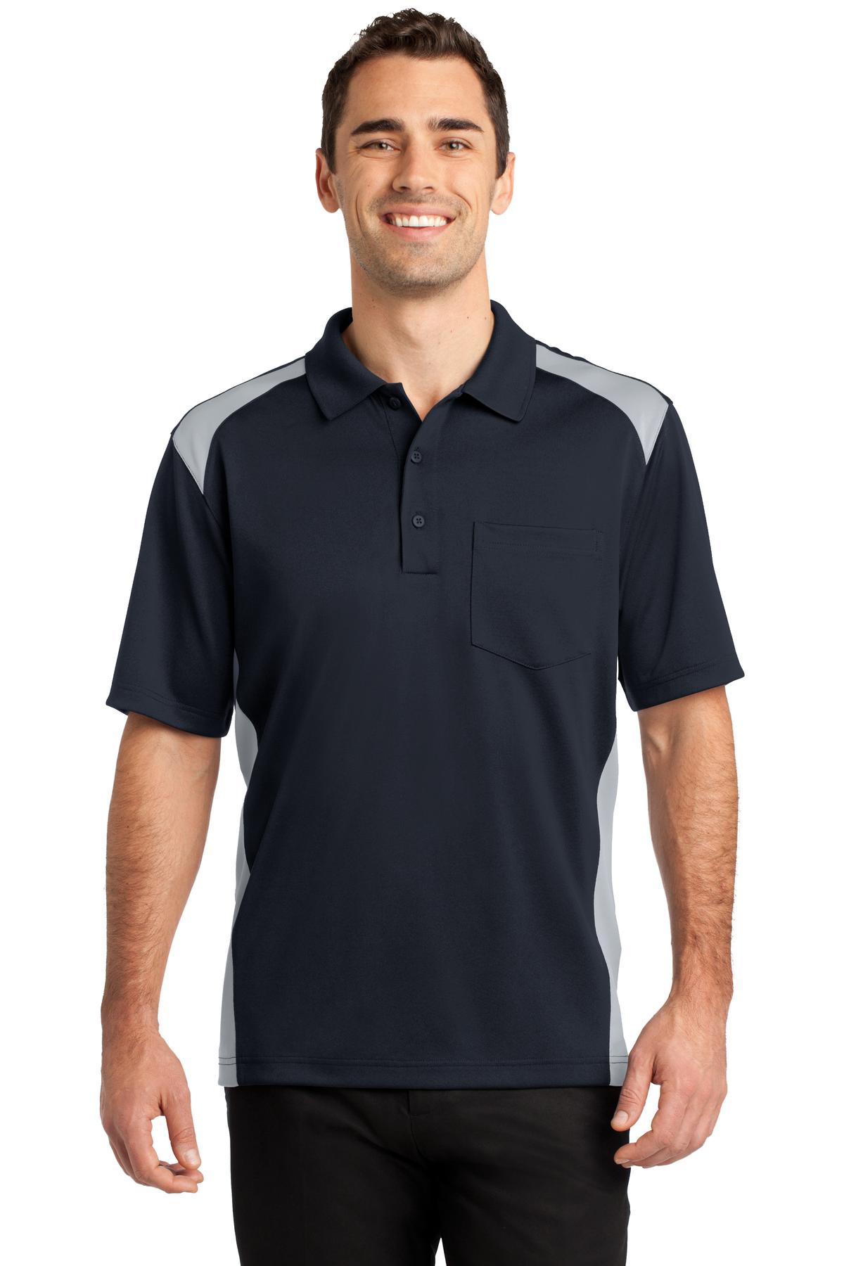 Front View of Dk Navy/Lt Gry CornerStone Select Snag-Proof Two Way Colorblock Pocket Polo. CS416