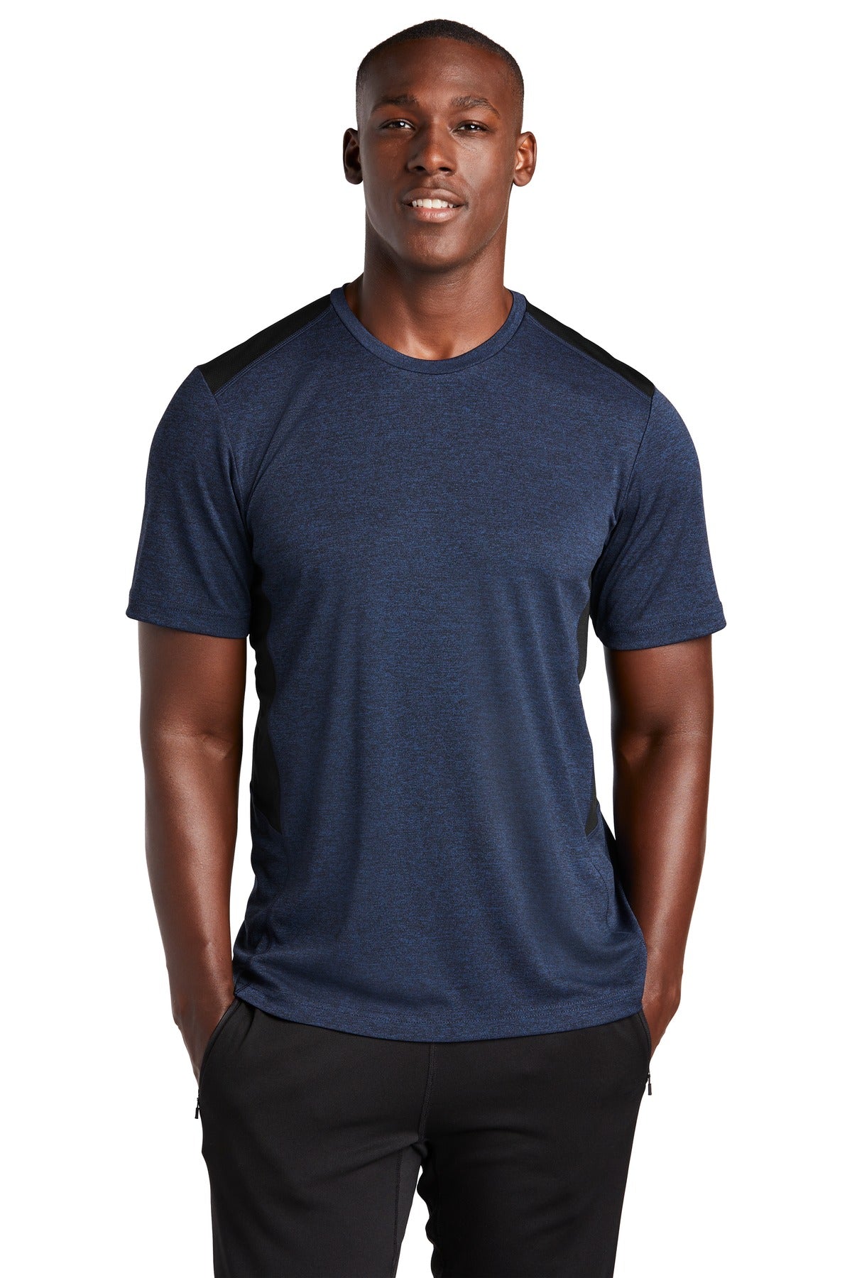 Front View of Dk Roy Hth/Blk Sport-Tek Endeavor Tee. ST465